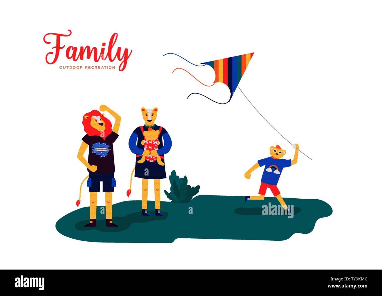 Lion family spends time in nature. Mother takes care of baby. Father and son fly a toy kite. Concept of picnic, recreation, relaxation at weekend, happy parenthood. Flat vector isolated on white. Stock Vector
