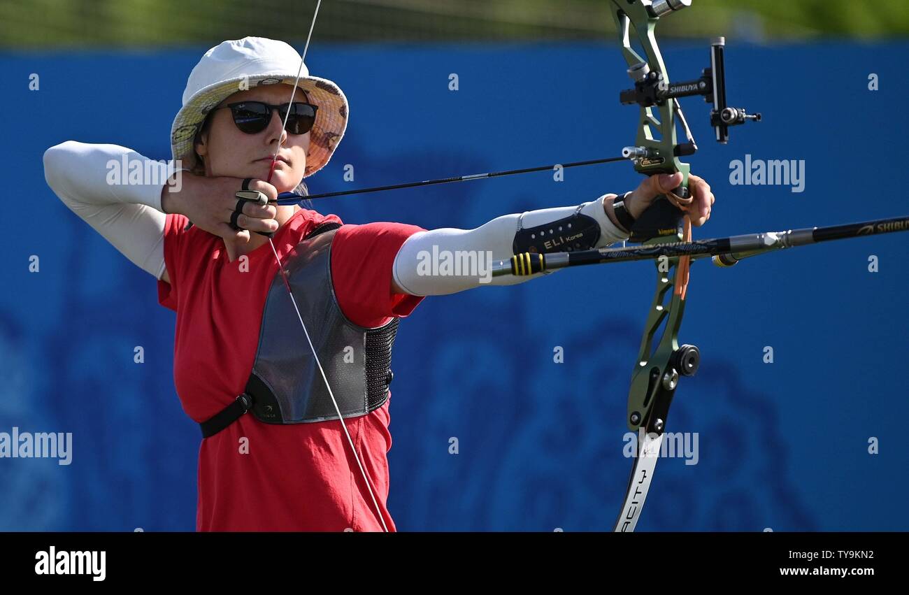 Minsk. Belarus. 26 June 2019. Maja Busbjerg Jager (DEN) taking part in the womens recurve archery at the 2nd European games. Credit Garry Bowden/SIP photo agency/Alamy live news. Stock Photo