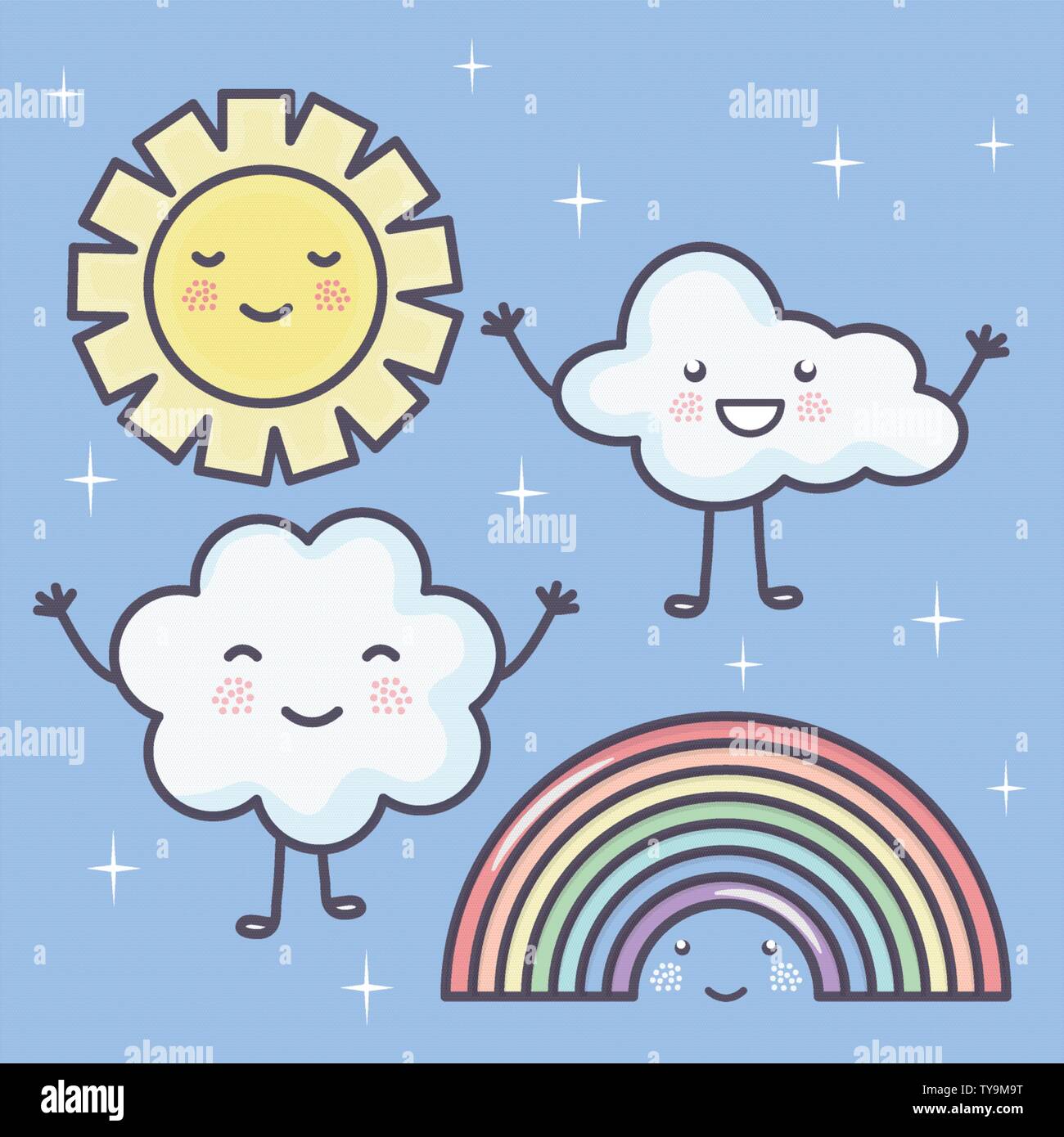 cute summer sun and clouds with rainbow kawaii characters illustration ...
