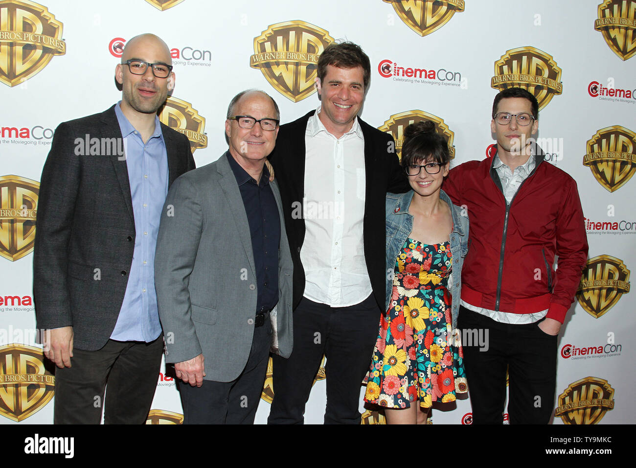 Doug Sweetland, Brad Lewis, Nicholas Stoller, Katie Crown and Andy Sandberg arrive for the Warner Bros. Pictures Presentation at CinemaCon 2016, The Colosseum at Caesars Palace, Las Vegas, Nevada on April 12, 2016. Photo by James Atoa/UPI Stock Photo