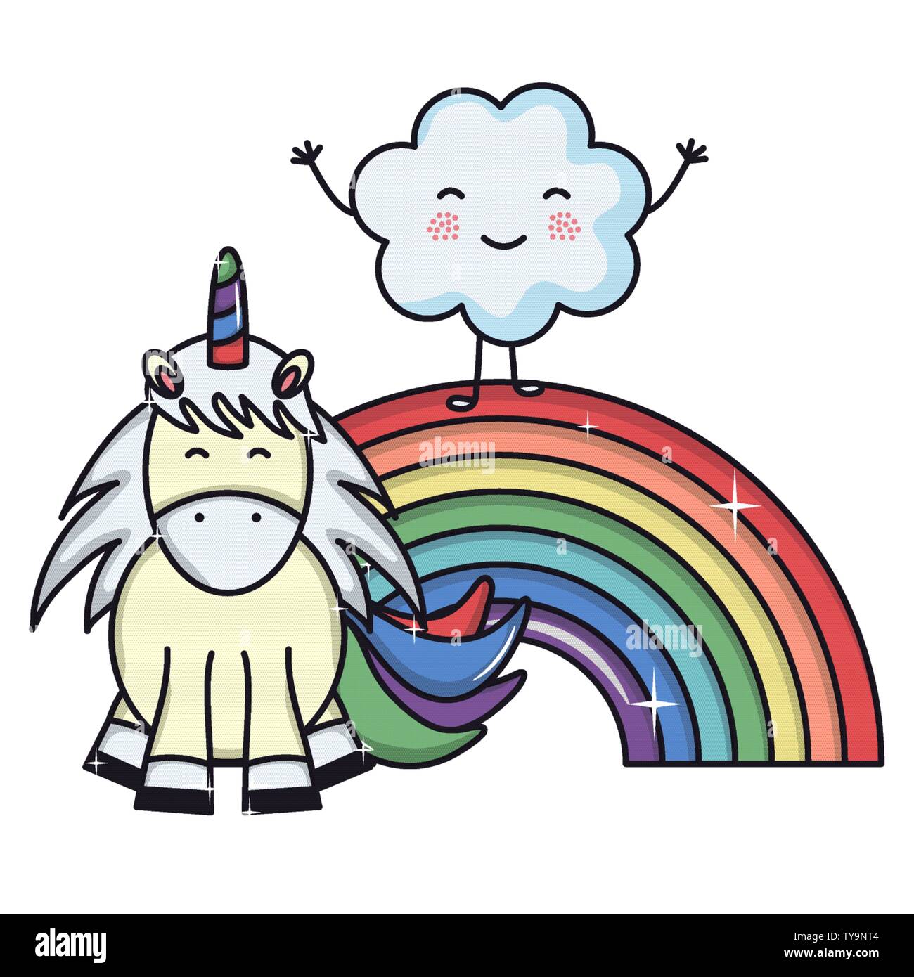 cute adorable unicorn with clouds and rainbow vector illustration ...