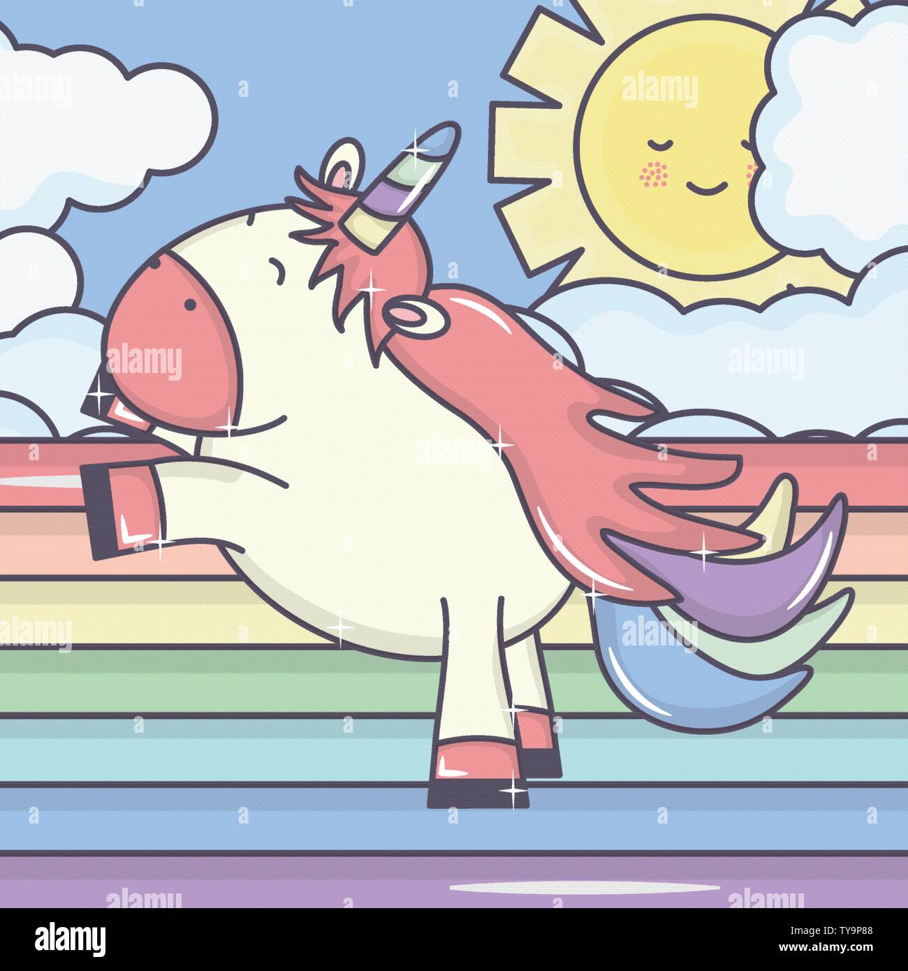 cute adorable unicorn with clouds sunny and rainbow vector illustration ...