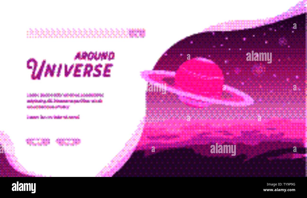 Cosmic futuristic panorama with stars, asteroids, comets. Saturn motion in Solar system. Satellite or moon gravitate around unknown planet. Vector for astronomic, astrologic projects. Copy space. Stock Vector