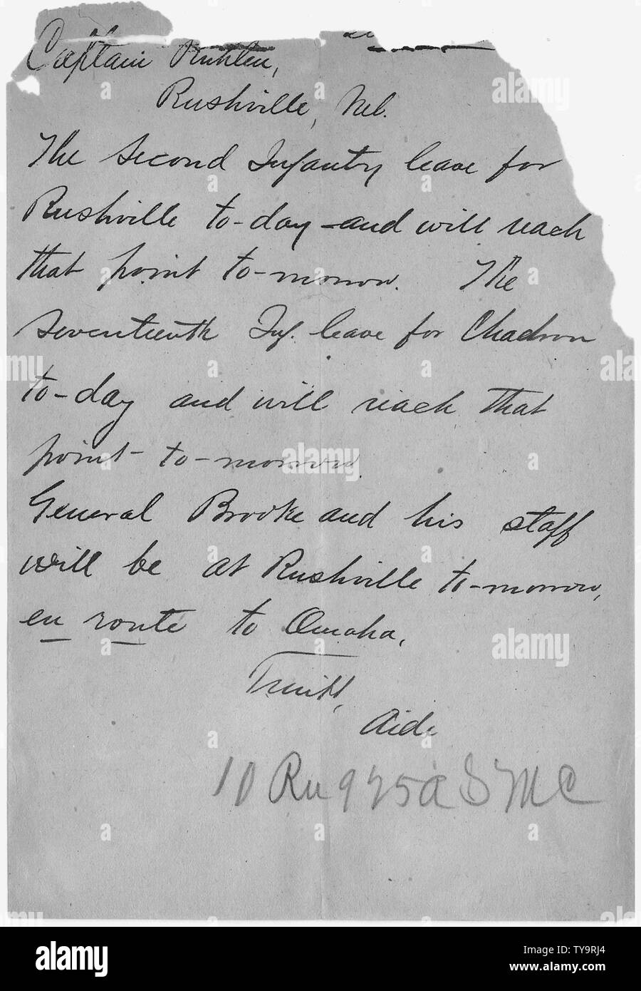 Next Day Arrival of Troops at Rushville and Chadron, Nebraska.; Scope and content:  This is document pertains to: Correspondence Between Military Officers Regarding Wounded Knee Tragedy. November 24, 1890 to January 24, 1891. Stock Photo