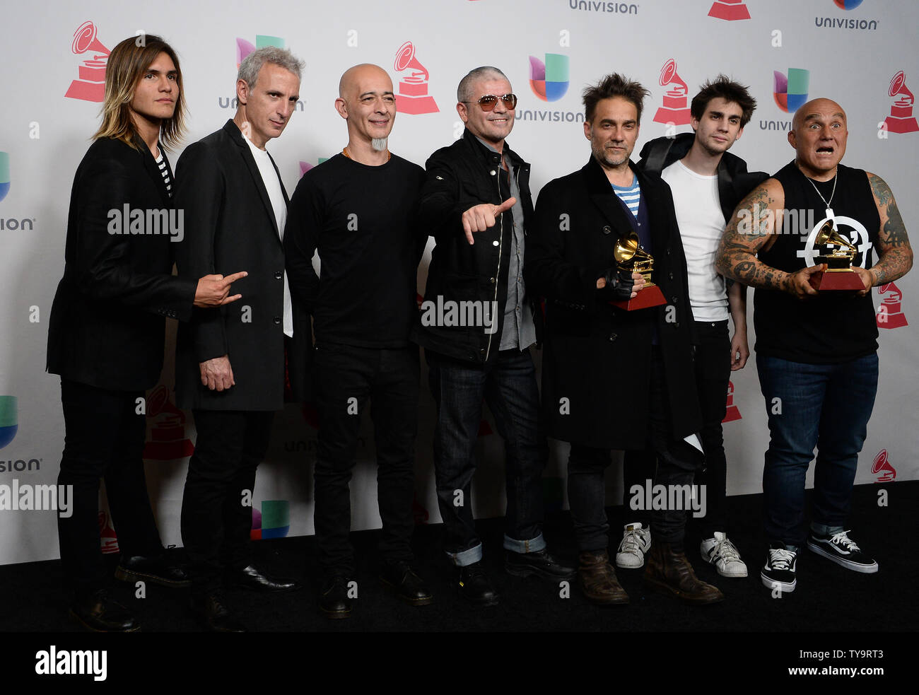 Los Fabulosos Cadillacs appears backstage with the awards for best rock song for "La Tormenta" and best rock album for "La Salvacion De Solo y Juan" during the 17th annual Latin Grammy Awards at T-Mobile Arena in Las Vegas, Nevada on November 17, 2016. Photo by Jim Ruymen/UPI Stock Photo