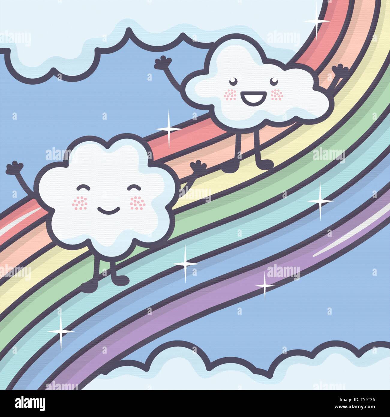 clouds sky with rainbow weather kawaii characters vector illustration ...