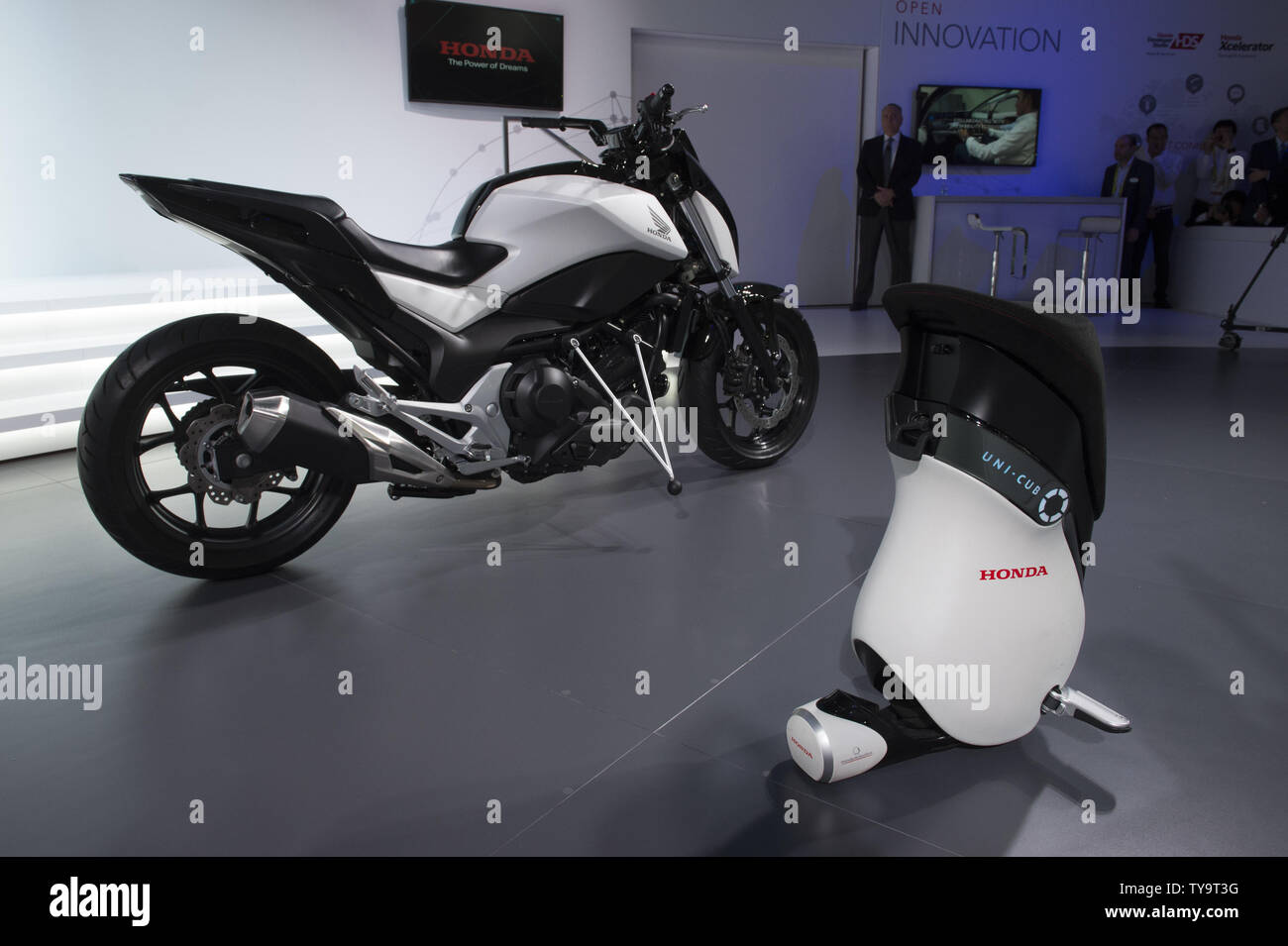 The Honda Riding Assist Motorcycle and the Honda Uni-Cub, a personal transportation device, are introduces at the 2017 International CES, a trade show of consumer electronics, in Las Vegas, Nevada,  January 5, 2017.    Photo by Molly Riley/UPI Stock Photo