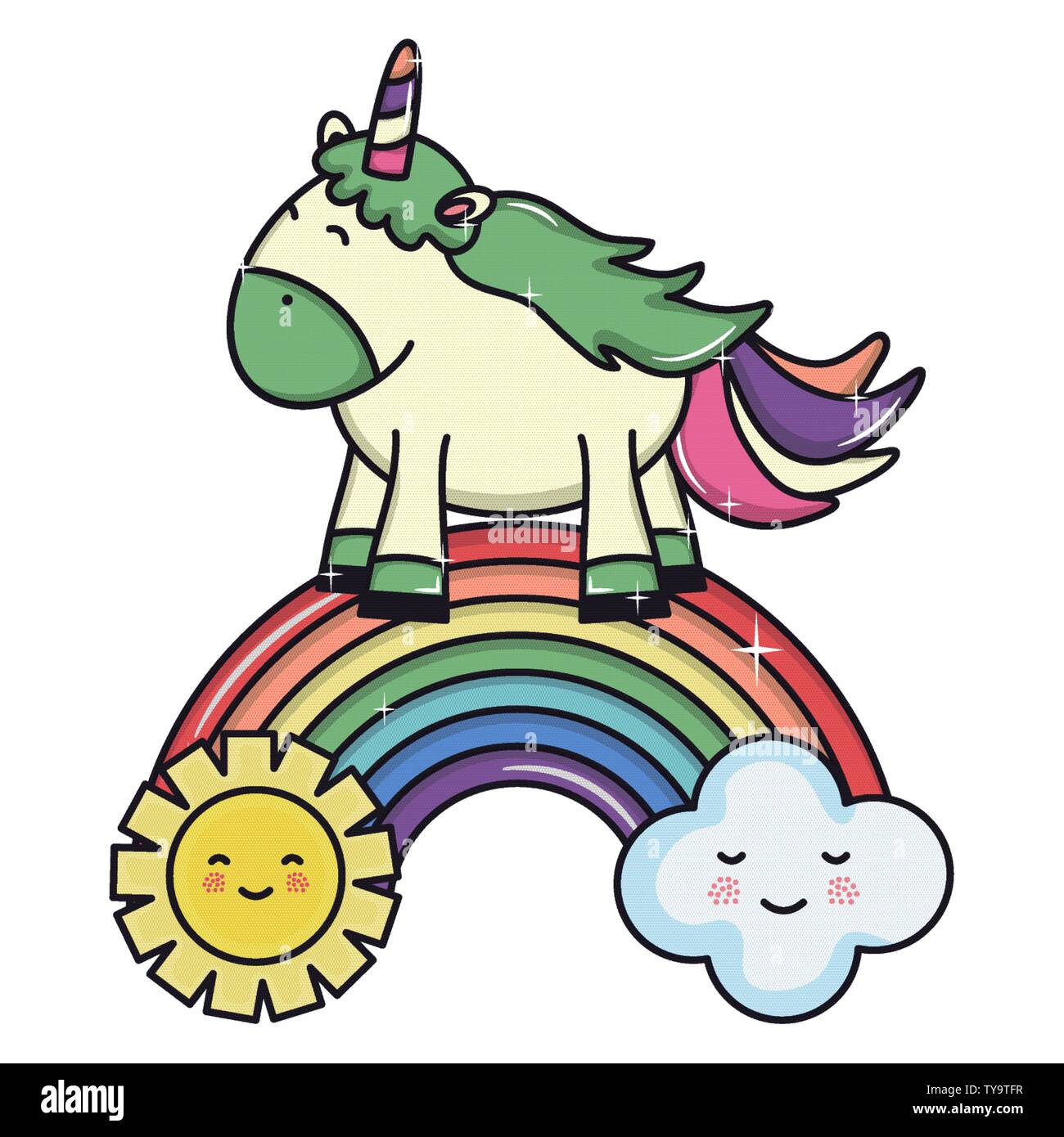 cute unicorn in rainbow with clouds and sun kawaii characters vector ...