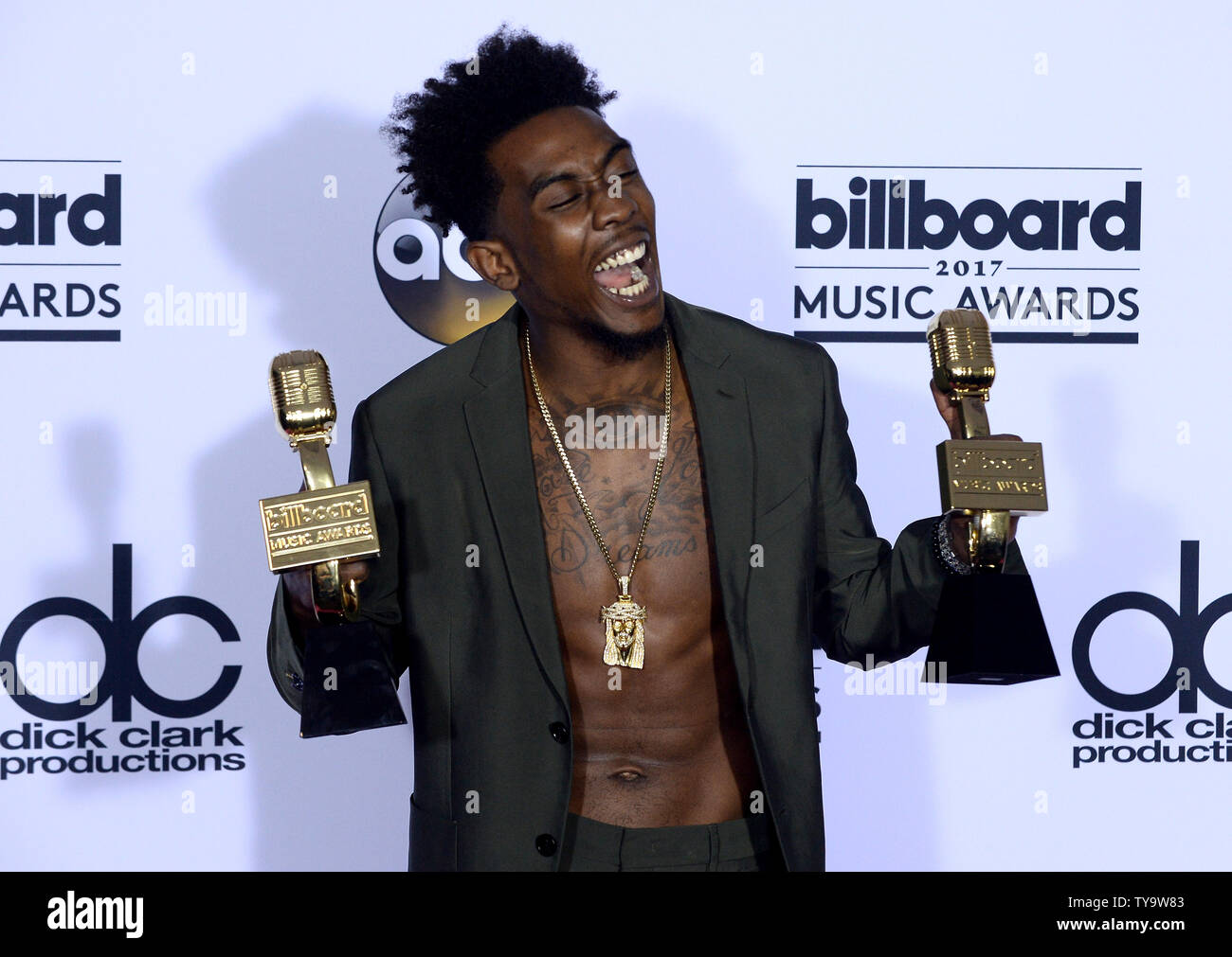 Recording artist Desiigner appears backstage with his Top Rap Song and Top  Streaming Song (Video) awards for 'Panda,' during the annual Billboard  Music Awards held at T-Mobile Arena in Las Vegas, Nevada
