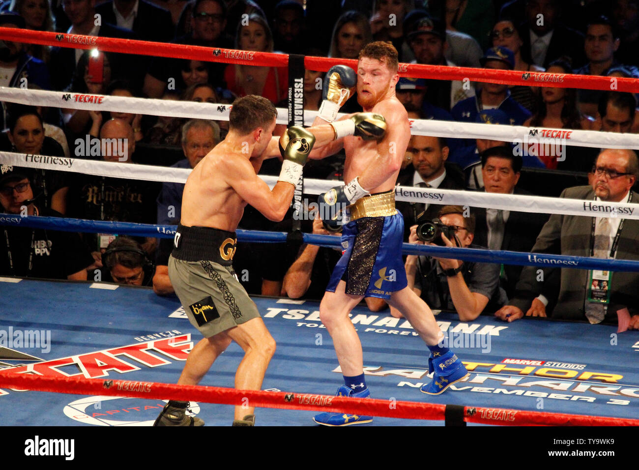 Gennady Golovkin and Canelo Alvarez exchange punches during the Canelo Alvarez vs Gennady Golovkin 12-round middleweight World championship boxing match at T-Mobile Arena in Las Vegas, Nevada on September 16, 2017. The slugfest ended in a draw. Photo by James Atoa/UPI Stock Photo