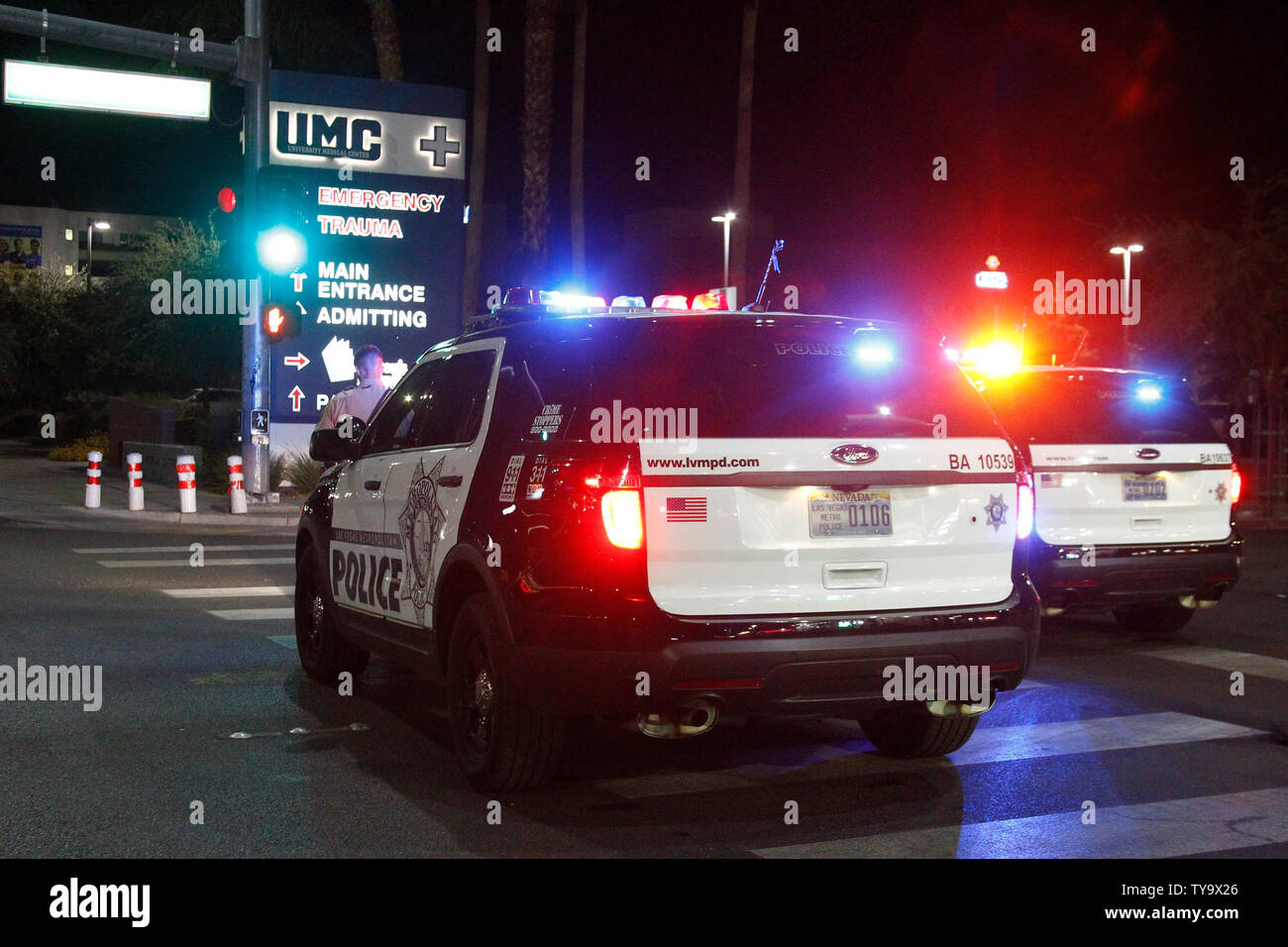 A police block around the University Medical Center where many victims  of the Route 91 Harvest country music festival shooting were transported to after apparent gun fire was heard around the Mandalay Bay Resort and Casino in Las Vegas, Nevada on October 1, 2017. More than 20 people were killed and at least 100 others injured after a gunman opened fire Sunday night at a country music festival opposite the Mandalay Bay hotel and resort on the Las Vegas Strip, authorities said. Photo by James Atoa/UPI Stock Photo