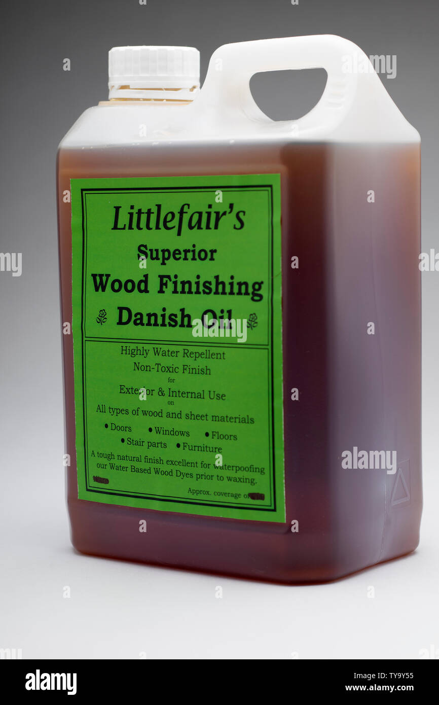 5 litre bottle of Littlefairs superior wood finishing Danish Oil Stock Photo