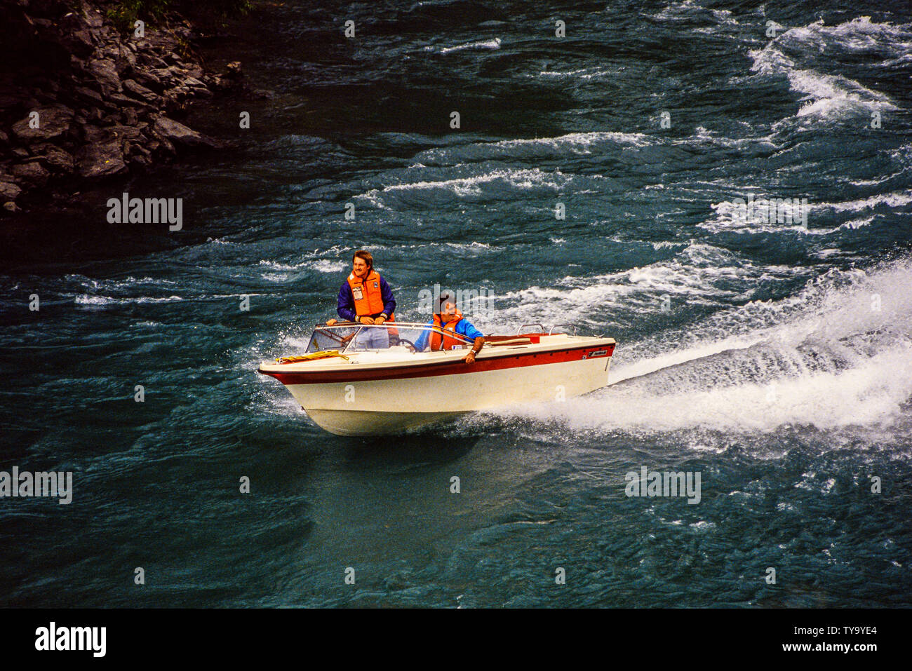 New Zealand, South Island. Jet Boat near Queenstown. Photo: © Simon Grosset. Archive: Image digitised from an original transparency. Taken in November Stock Photo