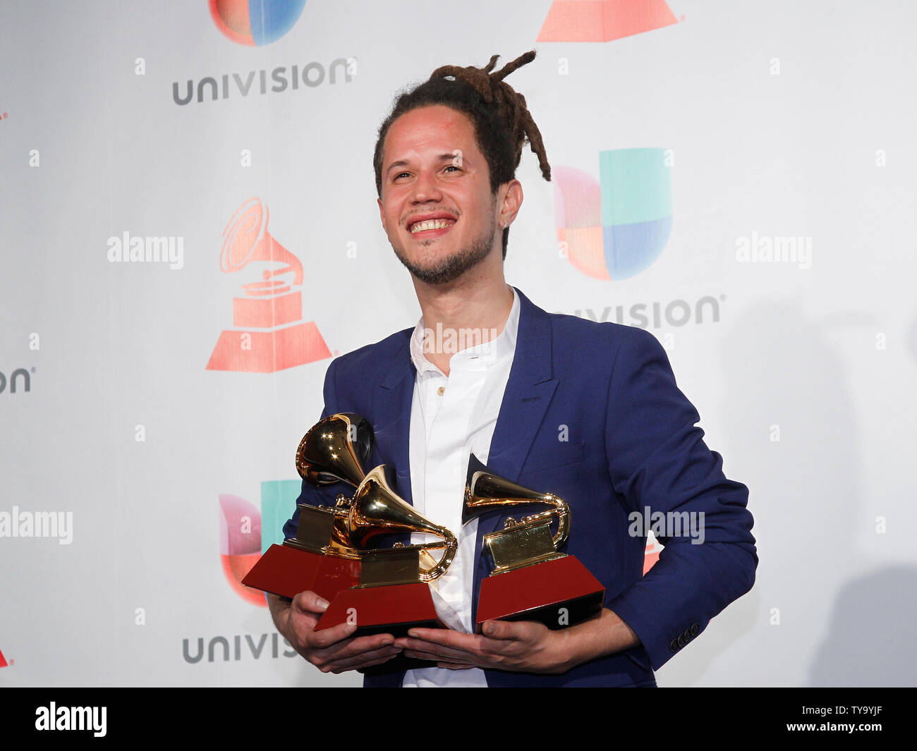 Vicente Garcia appears backstage with the awards for best new artist, best singer-songwriter album for 'A La Mar' and best tropical song for 'Bachata En Kingston' during the 18th annual Latin Grammy Awards at the MGM Garden Arena in Las Vegas, Nevada on November 16, 2017.  Photo by James Atoa/UPI Stock Photo