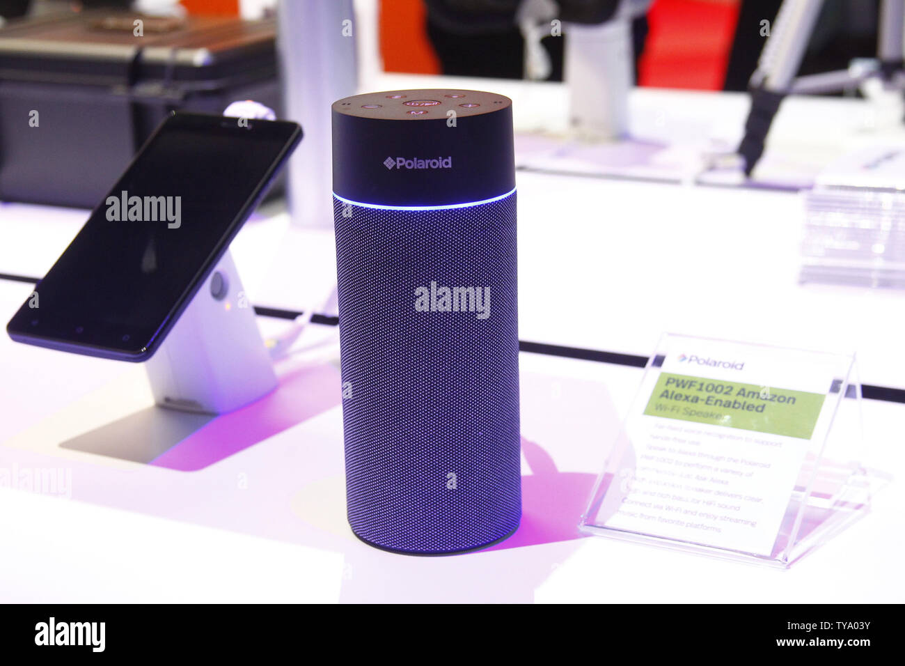 Another non photographic product by Polaroid, a wireless Amazon  Alexa-Enabled speaker, on display during the 2018 International CES, at the  Las Vegas Convention Center in Las Vegas, Nevada, January 9, 2018. Photo