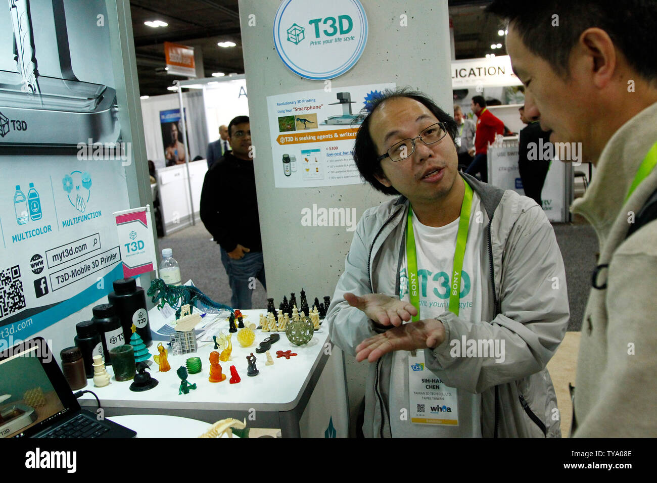 A representative of Taiwan start-up T3D, demonstates their mobile multifunction 3D Printer that operates with a smartphone or tablet, during the 2018 CES, at the Sands Expo center in Las Vegas, Nevada, January 12, 2018. Photo by James Atoa/UPI Stock Photo
