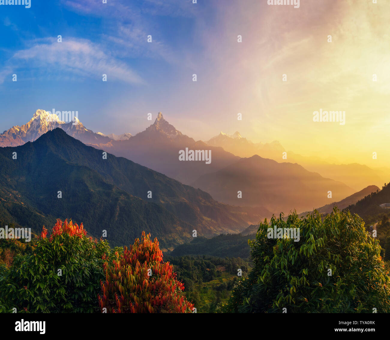 Colorful sunrise over Himalaya mountains in Nepal Stock Photo