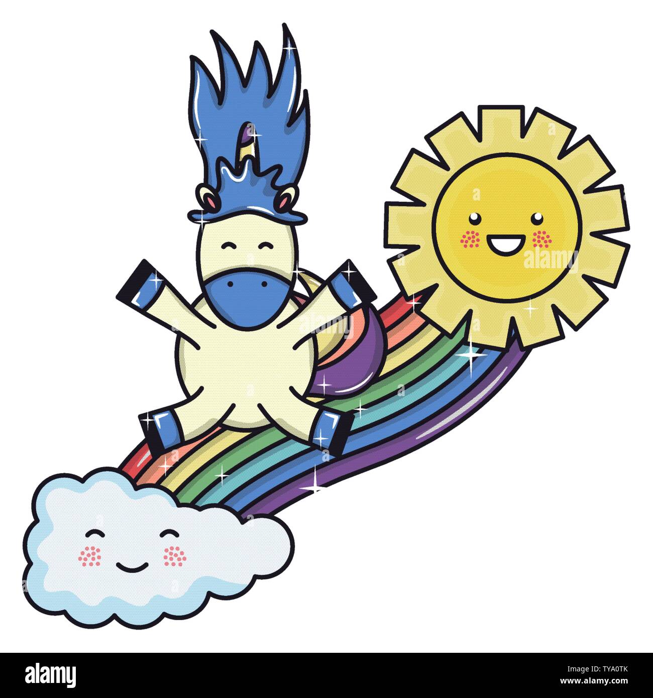 cute unicorn in rainbow with clouds and sun kawaii characters vector ...