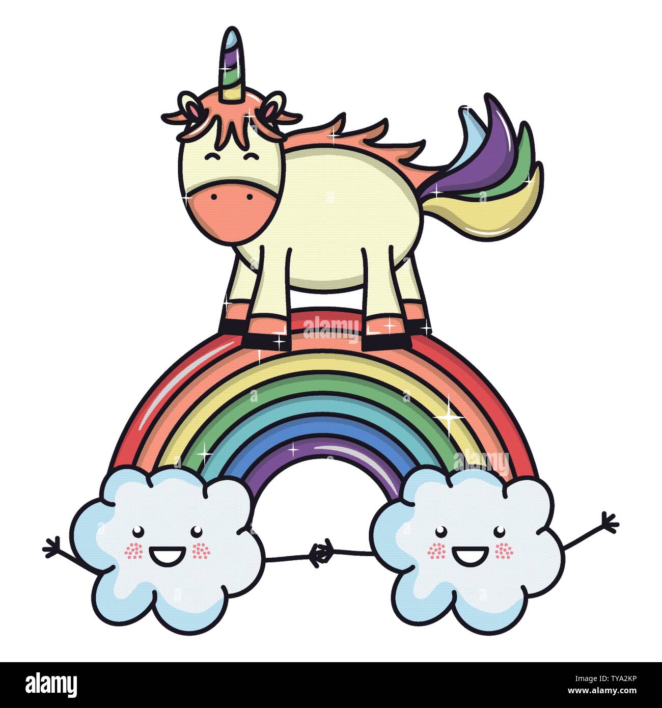 cute adorable unicorn with clouds and rainbow vector illustration ...