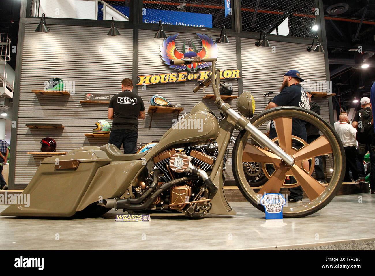 A customzied HarleyDavidson Street Glide motorcyle on display during