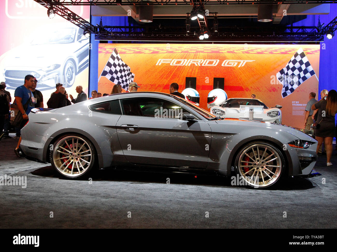 Attendees enjoy a close up view of a 2019 Ford Mustang GT by CGS Performance on display during the 2018 SEMA Show, at the Las Vegas Convention center in Las Vegas, Nevada, October 30, 2018. Photo by James Atoa/UPI Stock Photo