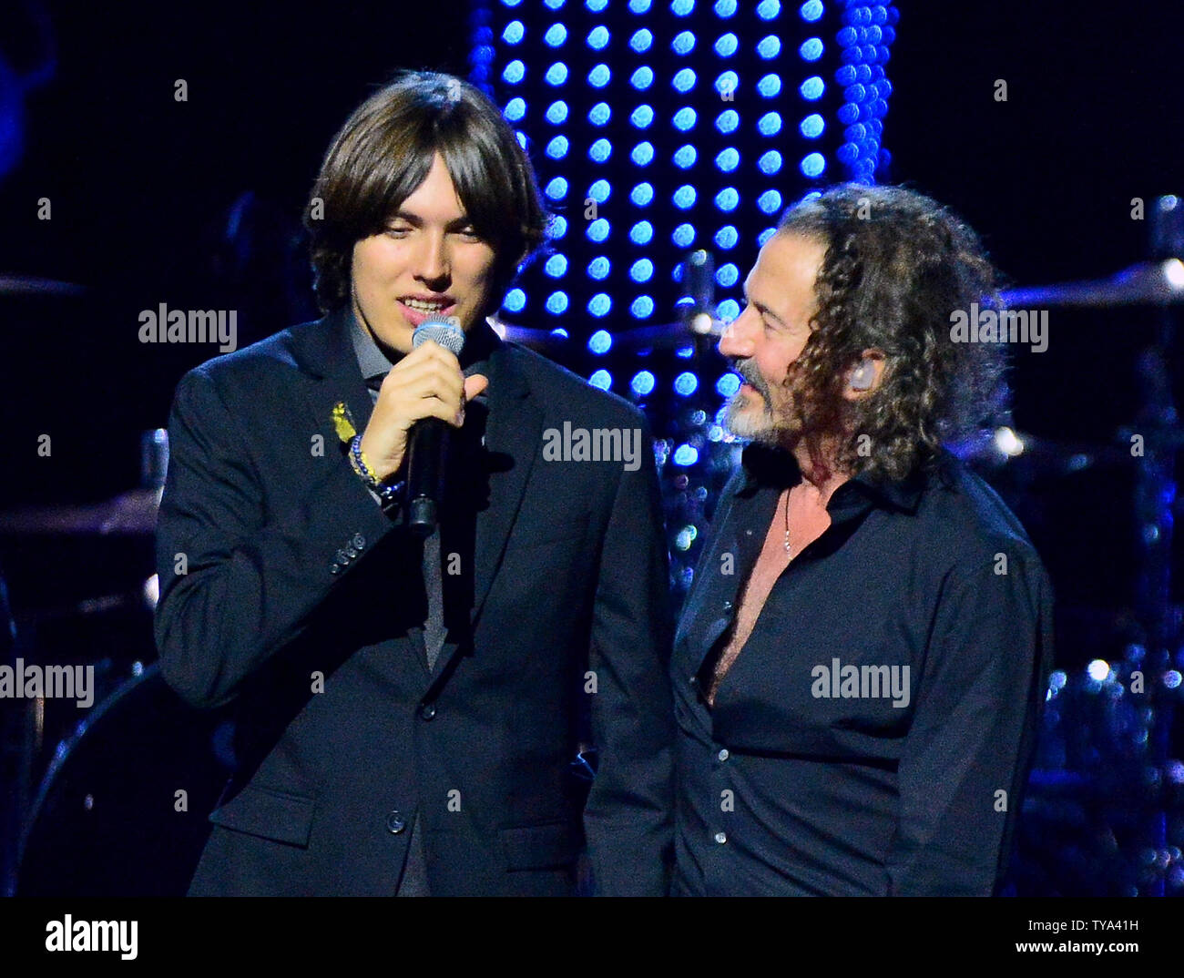 Dani Cano (L) and Jose Maria Cano perform 'Eres Mi Religion' onstage at the Latin Grammy Person of the Year gala honoring Mexican rock band Mana at the Mandalay Bay Convention Center in Las Vegas, Nevada on  November 14, 2018.   Photo by Jim Ruymen/UPI Stock Photo