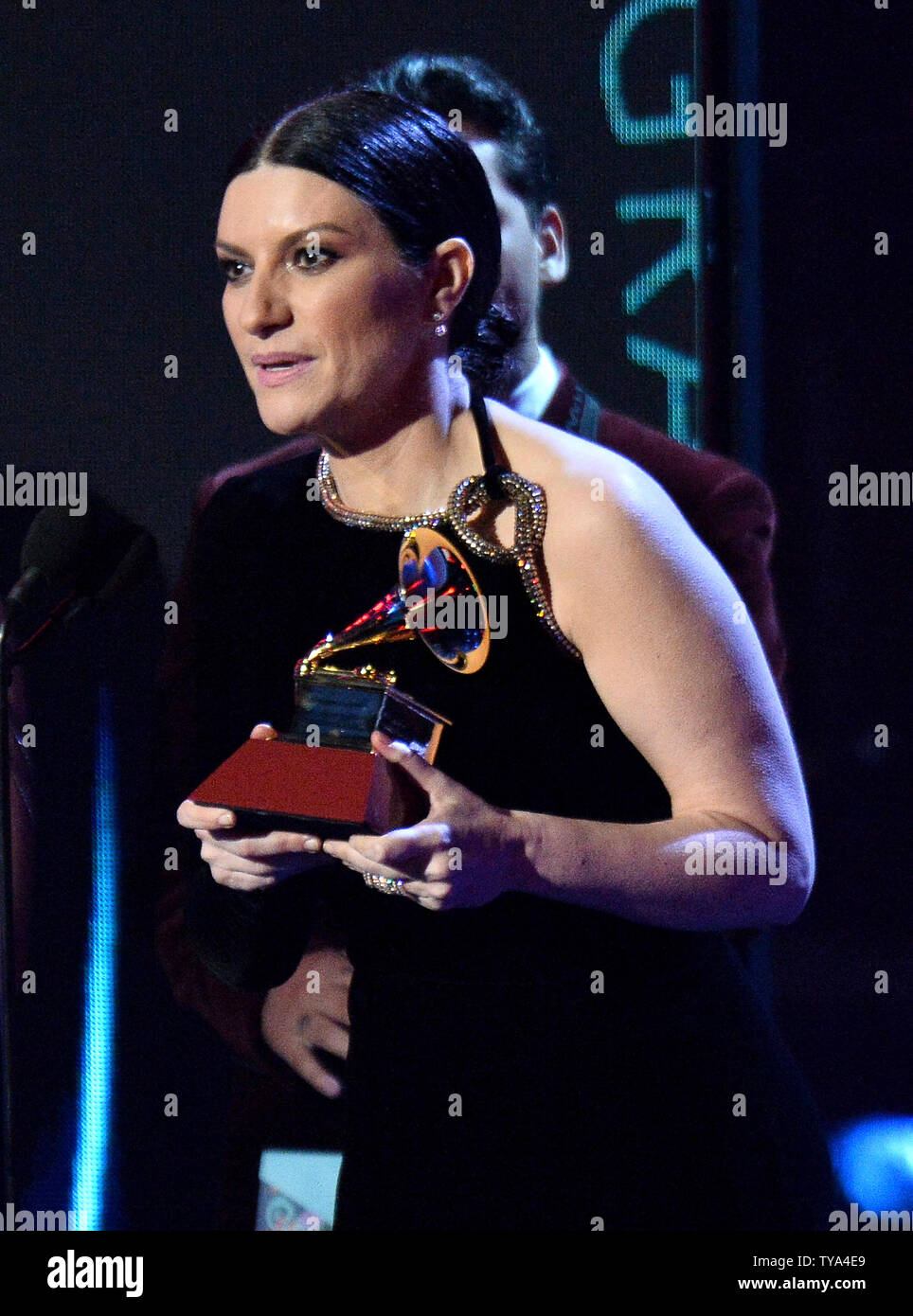 Laura Pausini accepts Best Vocal Pop Album for 'Hazte Sentir' onstage during the 19th annual Latin Grammy Awards at the MGM Garden Arena in Las Vegas, Nevada on November 15, 2018. Photo by Jim Ruymen/UPI Stock Photo