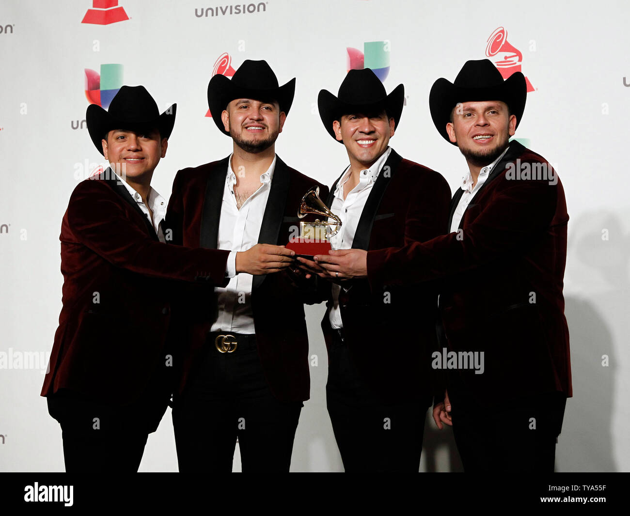 Calibre 50 appears backstage with the award for best norteno album for "Guerra De Poder" during the 19th annual Latin Grammy Awards at the MGM Garden Arena in Las Vegas, Nevada on November 15, 2018. Photo by James Atoa/UPI Stock Photo