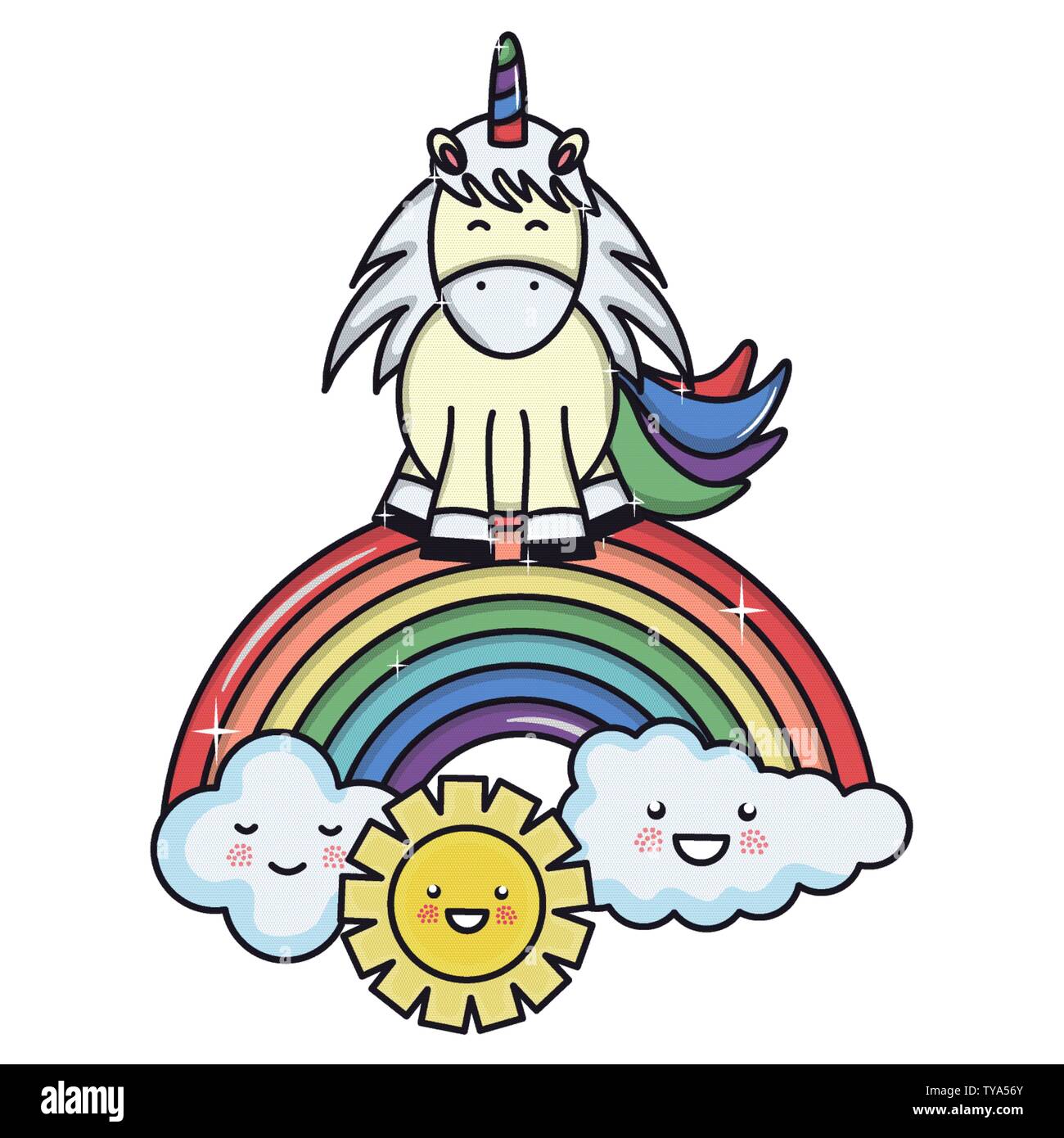 cute unicorn in rainbow with clouds and sun kawaii characters vector ...