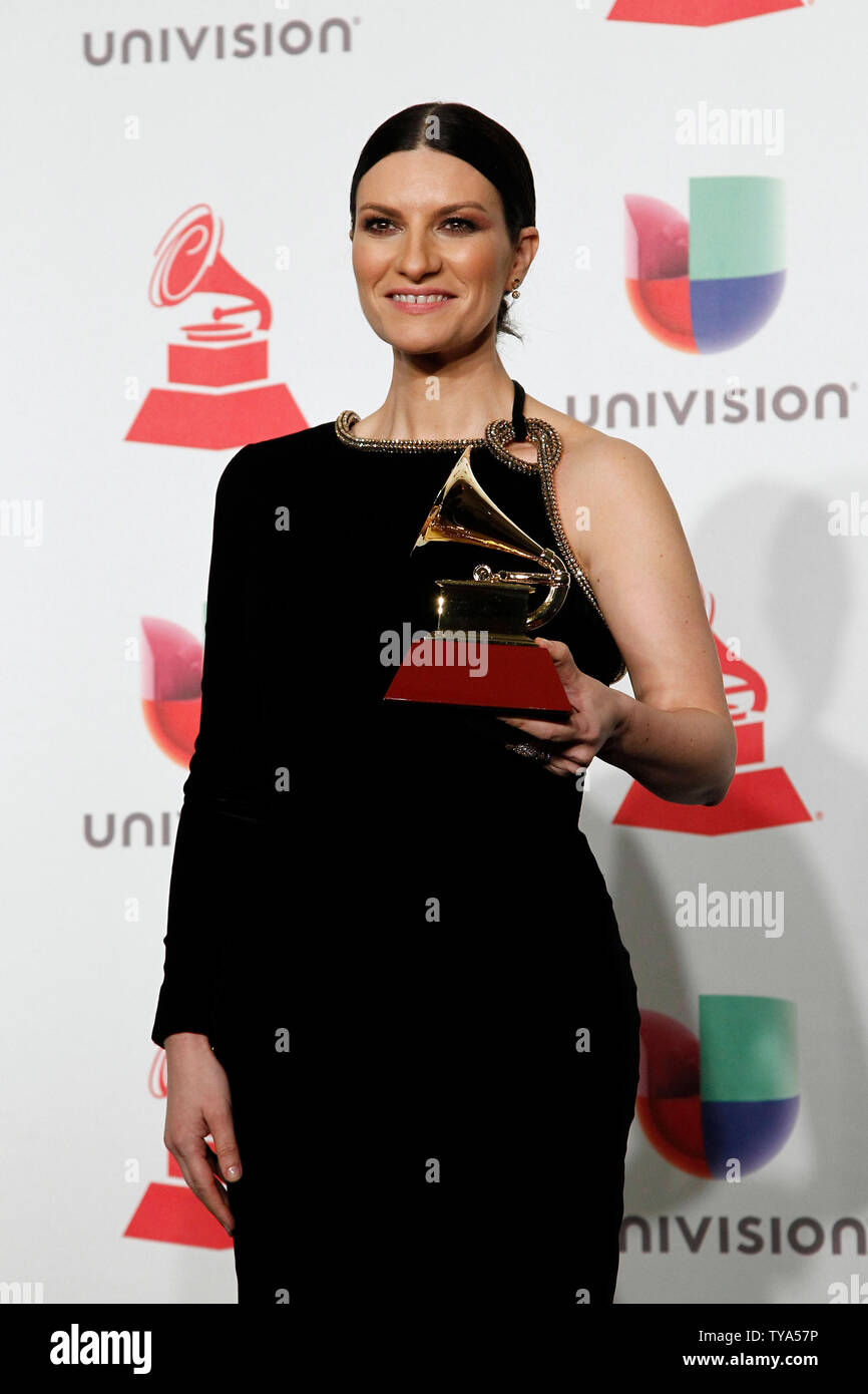 Laura Pausini appears backstage with the award for best traditional pop vocal for 'Hazte Sentir' during the 19th annual Latin Grammy Awards at the MGM Garden Arena in Las Vegas, Nevada on November 15, 2018. Photo by James Atoa/UPI Stock Photo