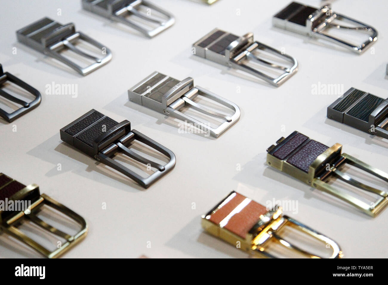 A collection of various belt buckles for a Smart belt on display during the 2019 International CES, at the Sands Convention Center in Las Vegas, Nevada, January 8, 2019. Along with being able to monitor body, health, waist size, overeating and physical activity, it also includes a fall assessment feature that can prevent and predict falls for people who are at risk of falls from health conditions. Photo by James Atoa/UPI Stock Photo