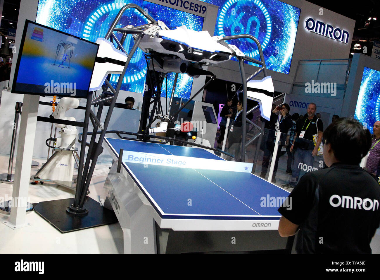 Omron's ping-pong playing robot, FORPHEUS, during a demonstration at the  2019 International CES, at the Las Vegas Convention Center in Las Vegas,  Nevada, January 10, 2019. The bot uses artifical intelligence to