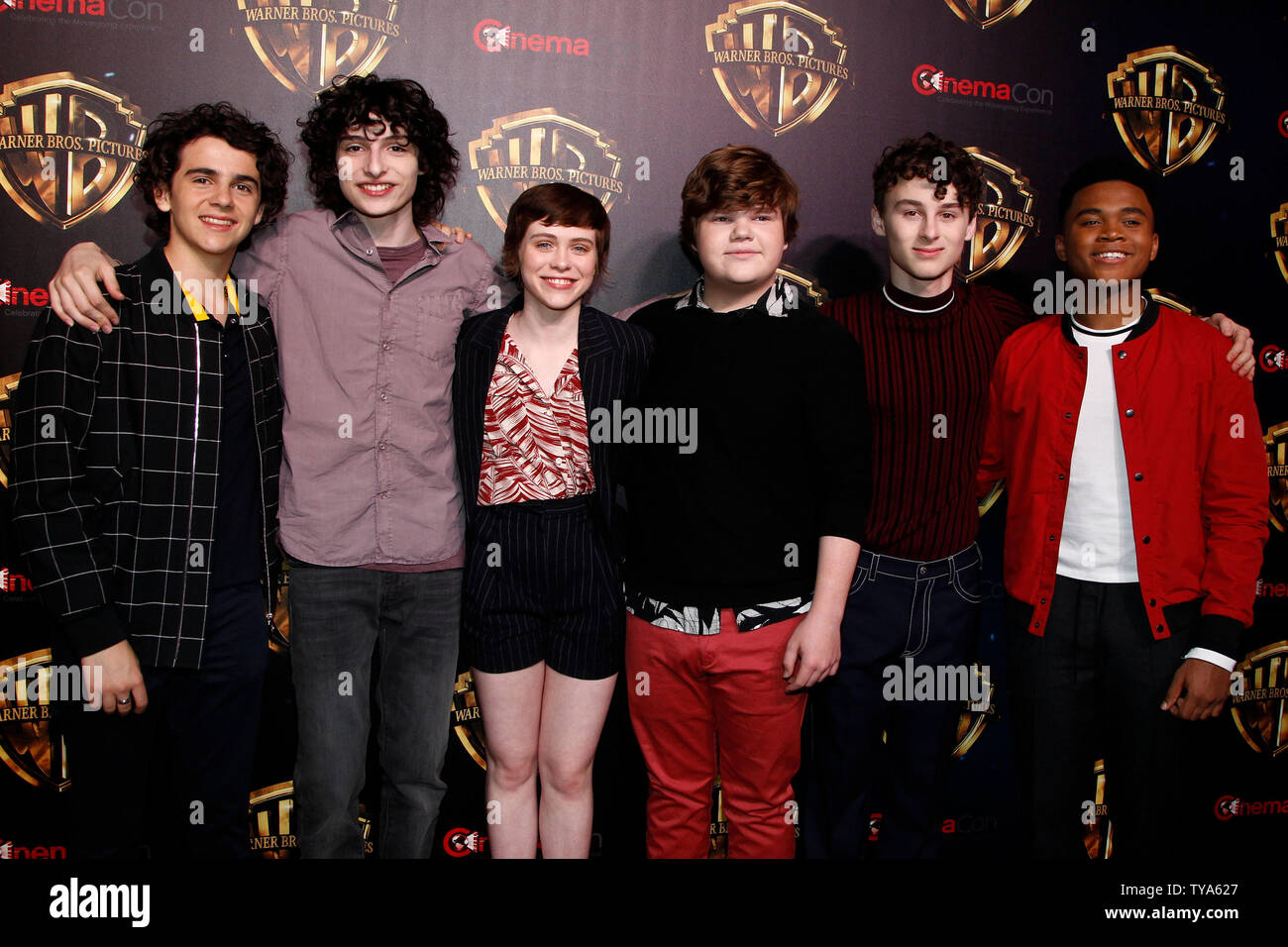 Actors Jack Dylan Grazer, Finn Wolfhard, Sophia Lillis, Jeremy Ray Taylor, Wyatt Oleff and Chosen Jacobs from 'It: Chapter Two' arrive for the CinemaCon 2019 Warner Bros Studio red carpet at Caesars Palace, Las Vegas, Nevada on April 2, 2019. Photo by James Atoa/UPI Stock Photo