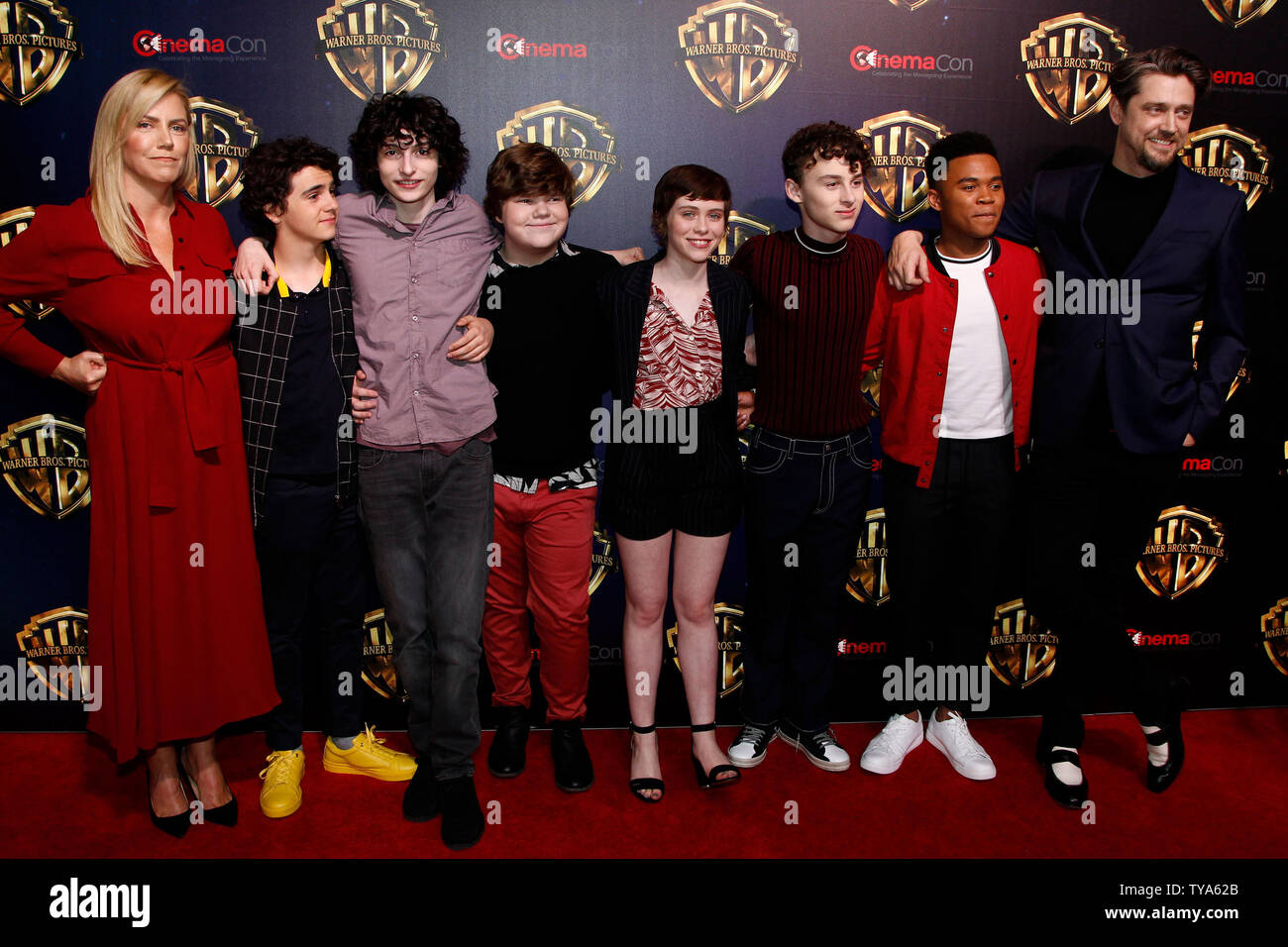 Producer Barbara Muschietti, actors Jack Dylan Grazer, Finn Wolfhard, Jeremy Ray Taylor, Sophia Lillis, Wyatt Oleff, Chosen Jacobs and director Andy Muschietti from 'It: Chapter Two' arrive for the CinemaCon 2019 Warner Bros Studio red carpet at Caesars Palace, Las Vegas, Nevada on April 2, 2019. Photo by James Atoa/UPI Stock Photo
