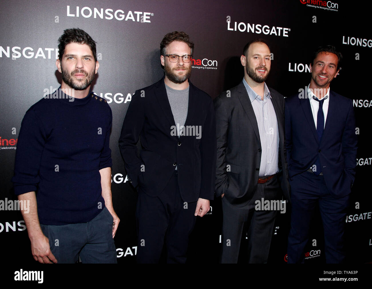 Director Jonathan Levin, actor Seth Rogen, producer Evan Goldberg and executive producer James Weaver arrive for the CinemaCon 2019 Lionsgate red carpet at Caesars Palace, Las Vegas, Nevada on April 4, 2019. Photo by James Atoa/UPI Stock Photo