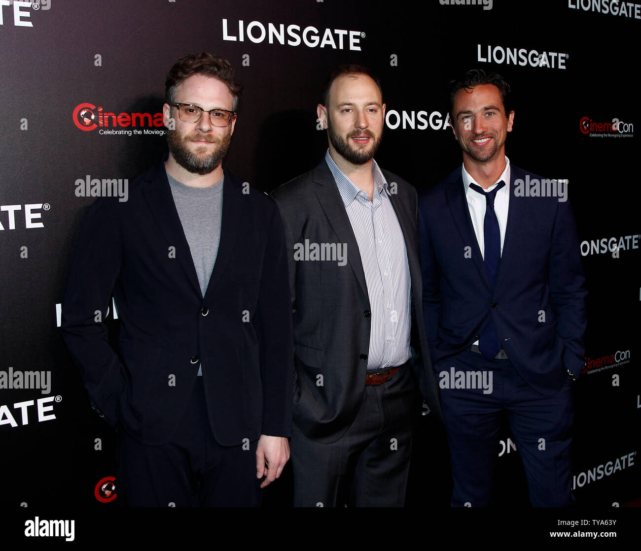 Seth Rogen, Evan Goldberg and James Weaver arrive for the CinemaCon 2019 Lionsgate red carpet at Caesars Palace, Las Vegas, Nevada on April 4, 2019. Photo by James Atoa/UPI Stock Photo