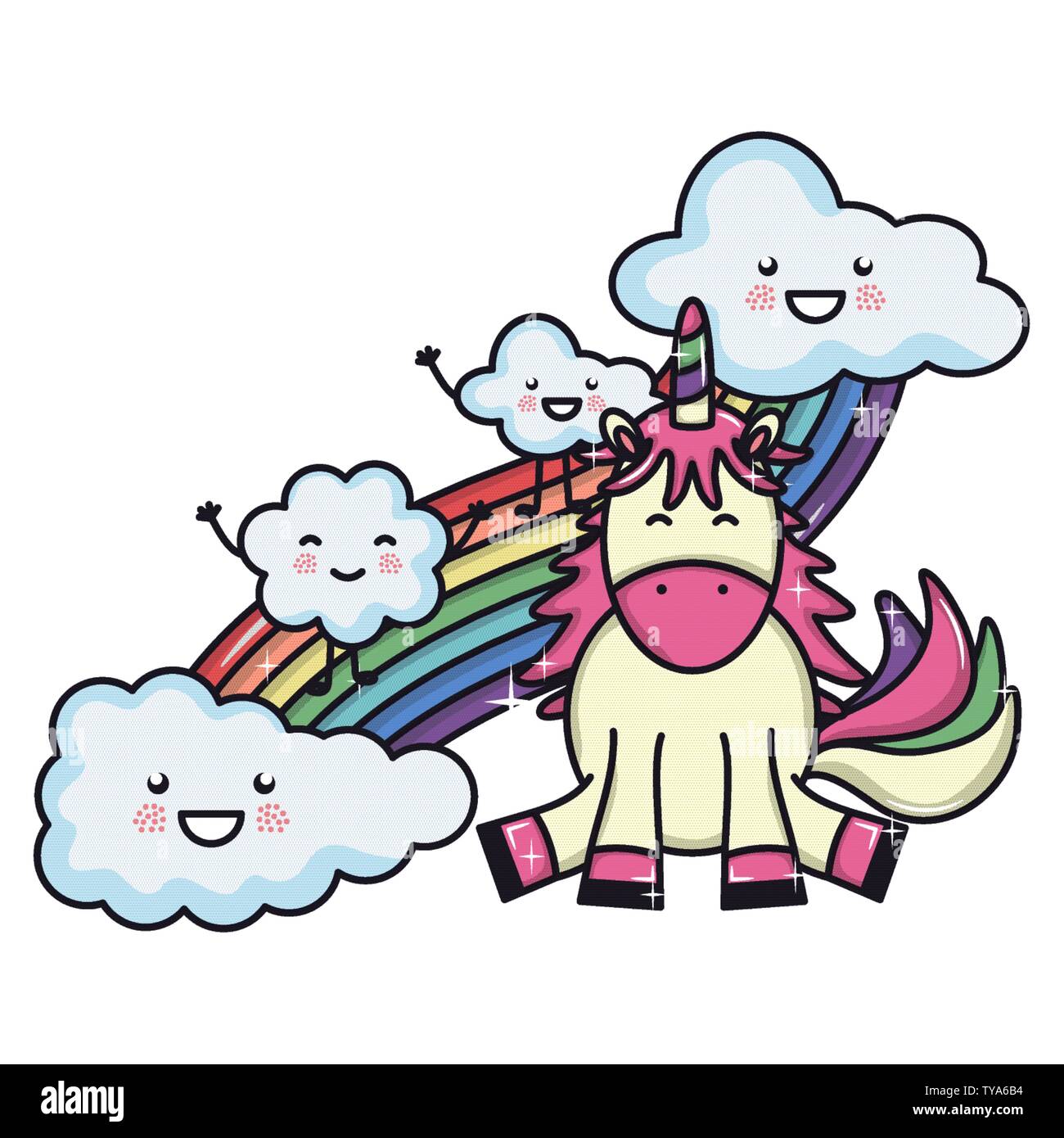 cute adorable unicorn with clouds and rainbow vector illustration ...
