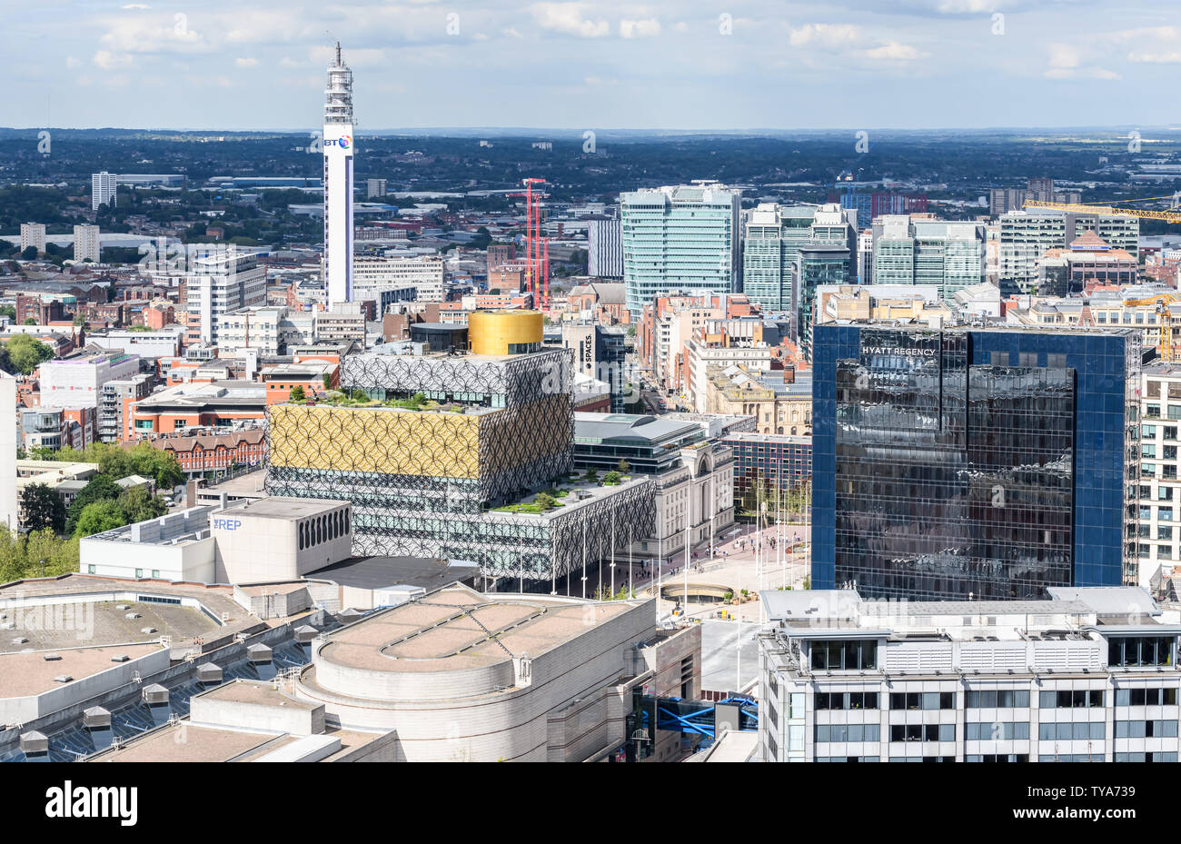 Aerial view of Birmingham Broad Street looking towards the city centre. Pictured are the Library, the Rep Theatre, BT Tower the ICC & Symphony Hall. Stock Photo