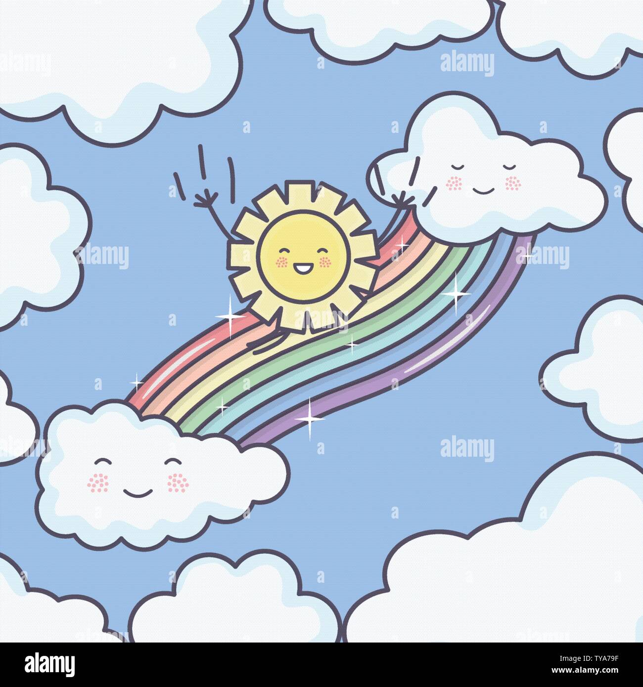 cute summer sun and clouds rainy with rainbow kawaii characters ...