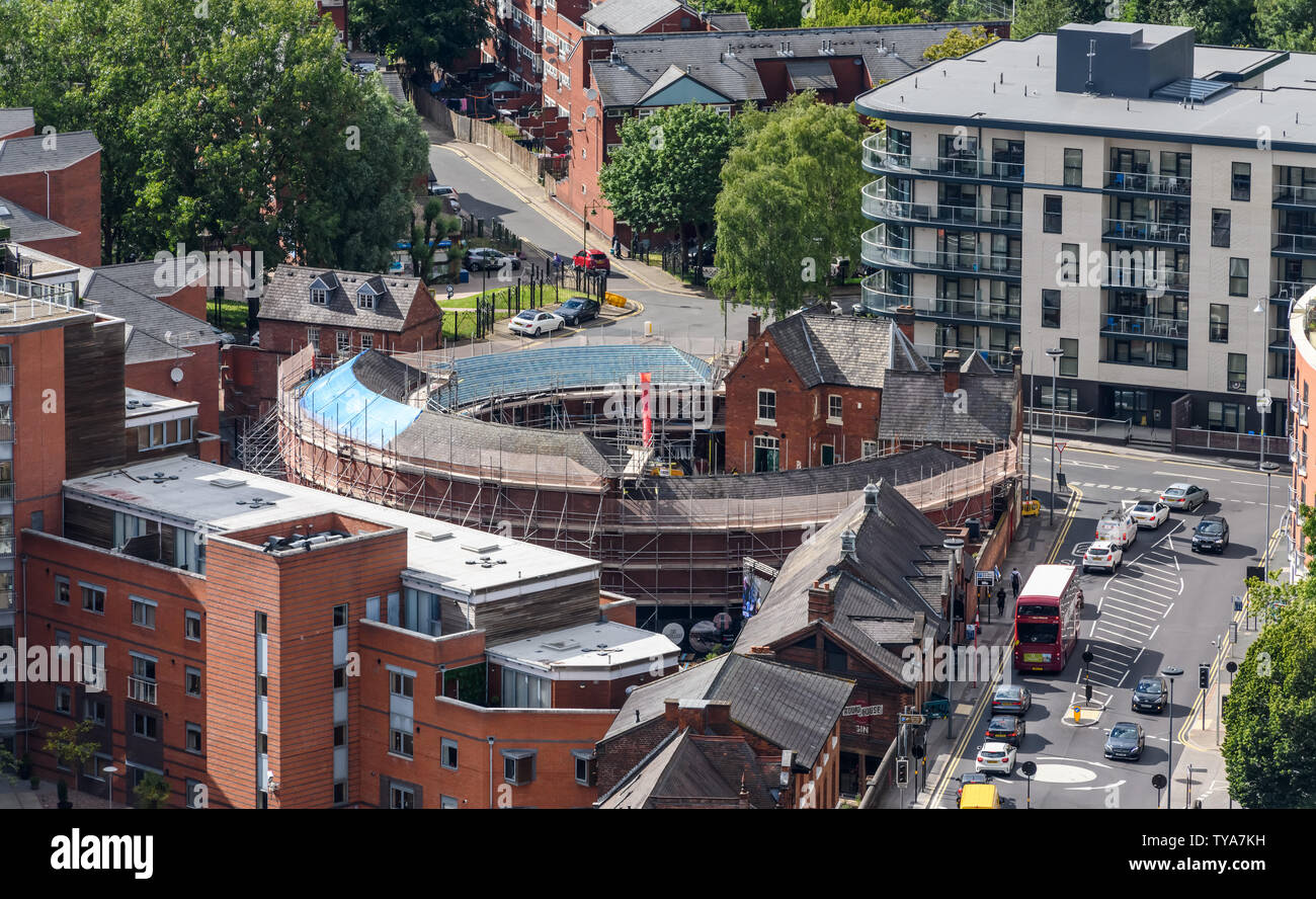 An aerial view of the historic 19th Centurey Roundhouse next to the Birmingham mainline canal in the city centre. Stock Photo