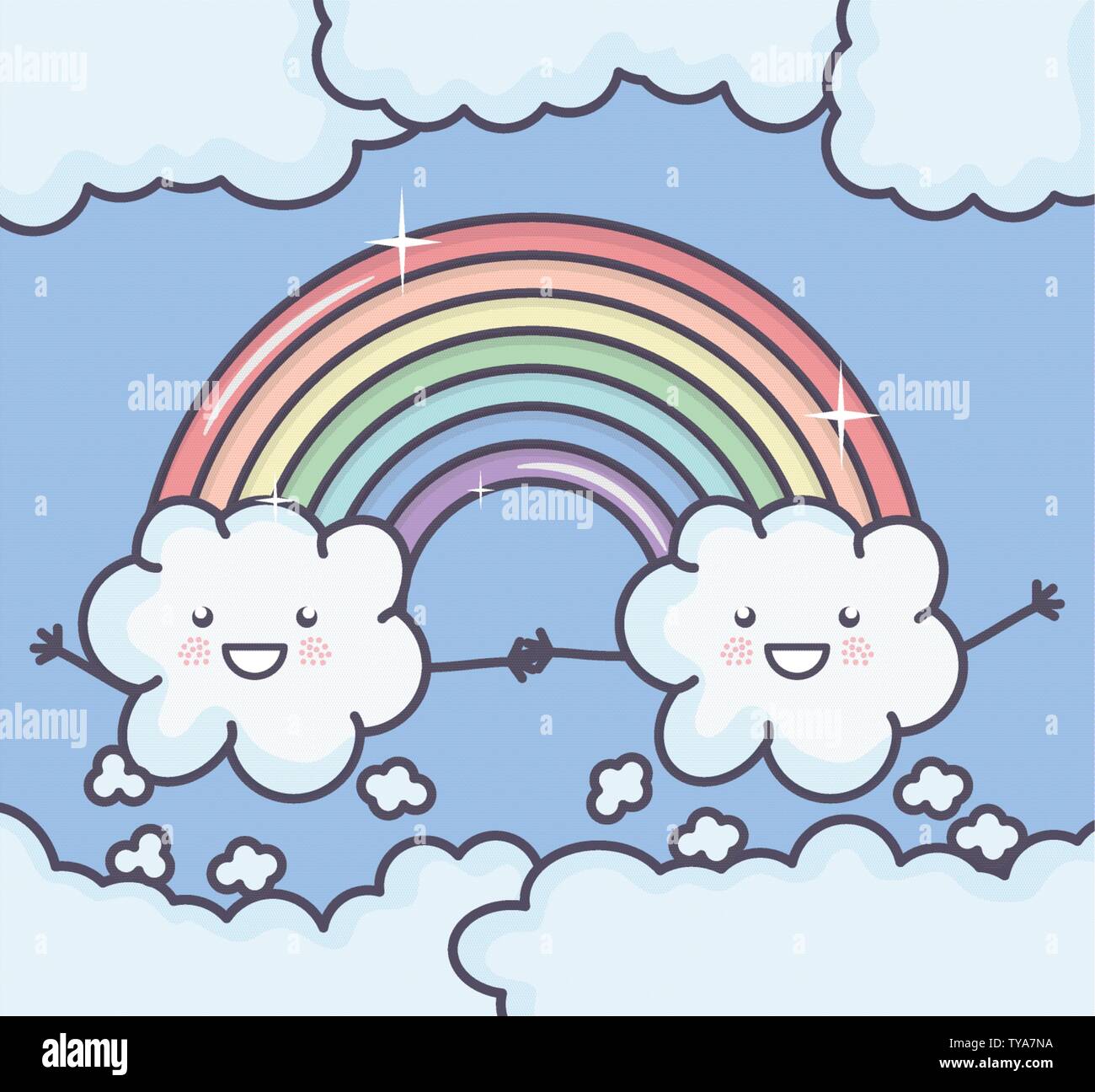 clouds sky with rainbow weather kawaii characters vector illustration ...