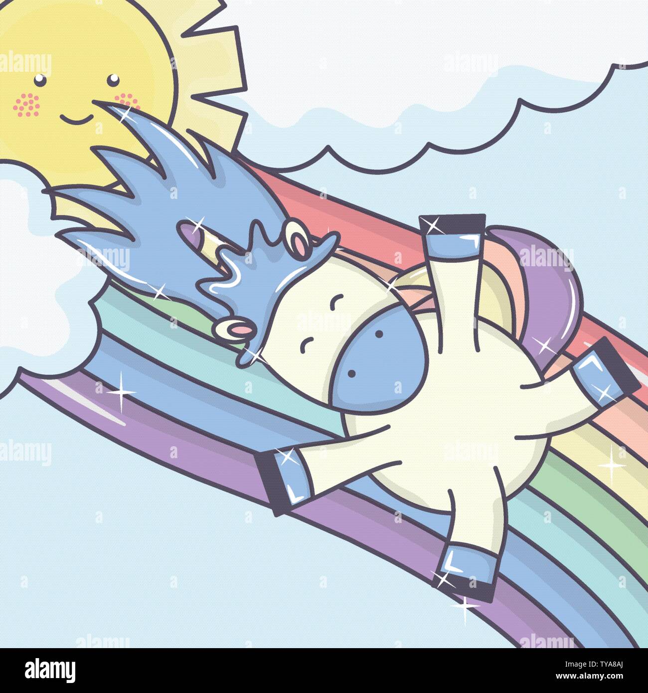 cute adorable unicorn with clouds and rainbow vector illustration ...