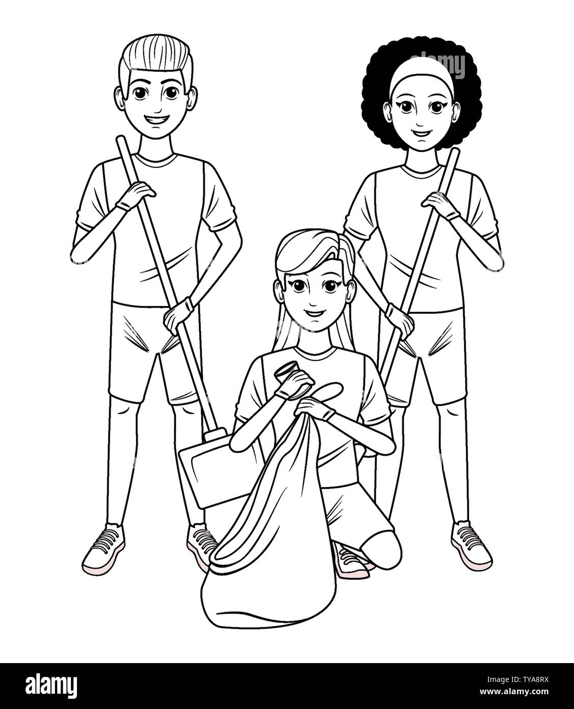cleaning service person avatar cartoon character in black and white ...