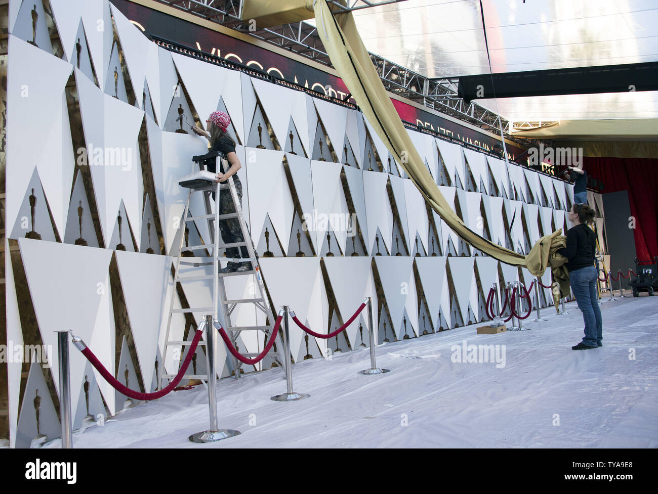 Worker build the backdrop on the red carpet as preparations are underway for the 89th annual Academy Awards in the Hollywood section of Los Angeles on February 23, 2017. The 2017 Academy Awards will take place this Sunday. Photo by Kevin Dietsch/UPI Stock Photo