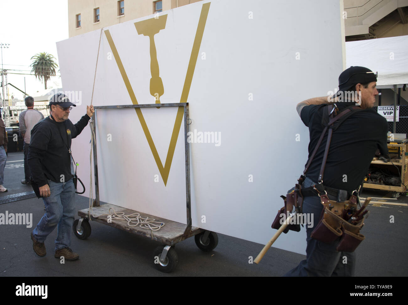 Workers move Oscar signage as preparations are underway for the 89th annual Academy Awards in the Hollywood section of Los Angeles on February 23, 2017. The 2017 Academy Awards will take place this Sunday. Photo by Kevin Dietsch/UPI Stock Photo