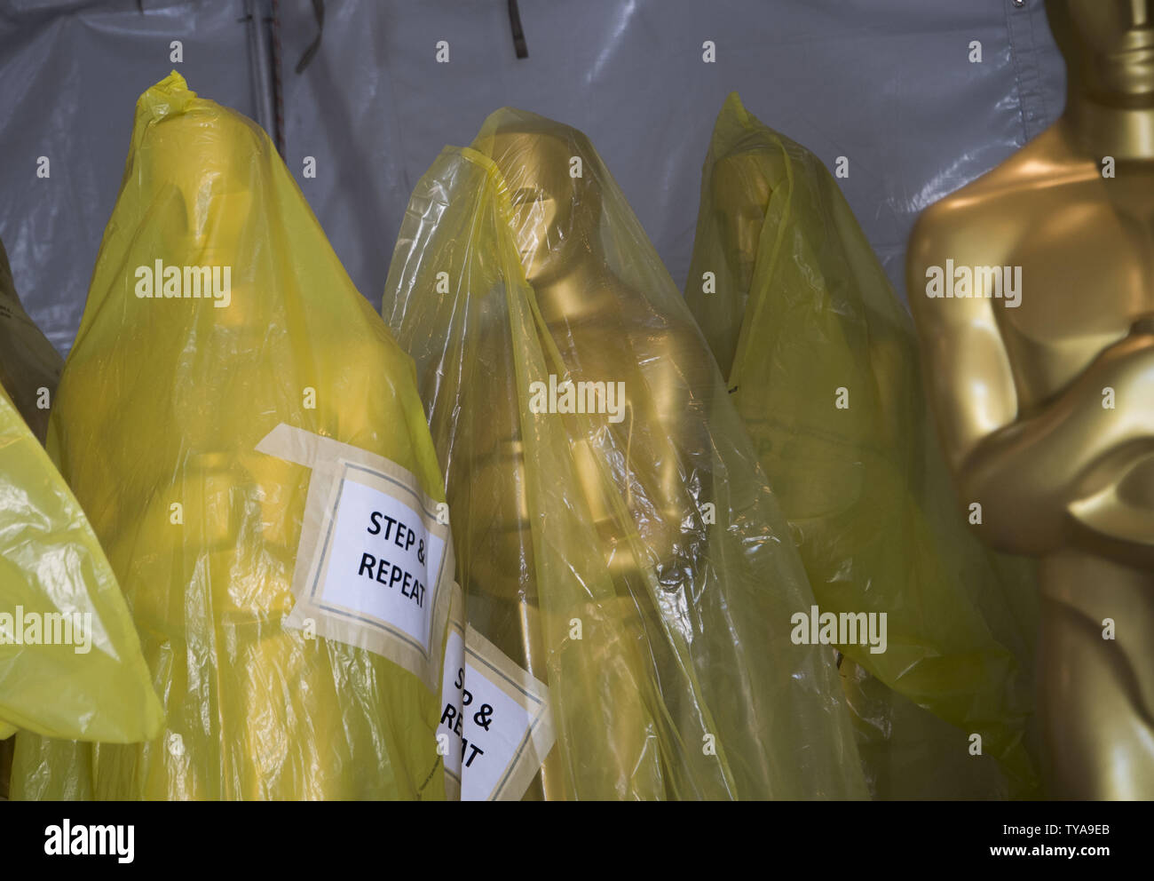 Freshly painted Oscar statues are seen in storage as preparations are underway for the 89th annual Academy Awards in the Hollywood section of Los Angeles on February 23, 2017. The 2017 Academy Awards will take place this Sunday. Photo by Kevin Dietsch/UPI Stock Photo