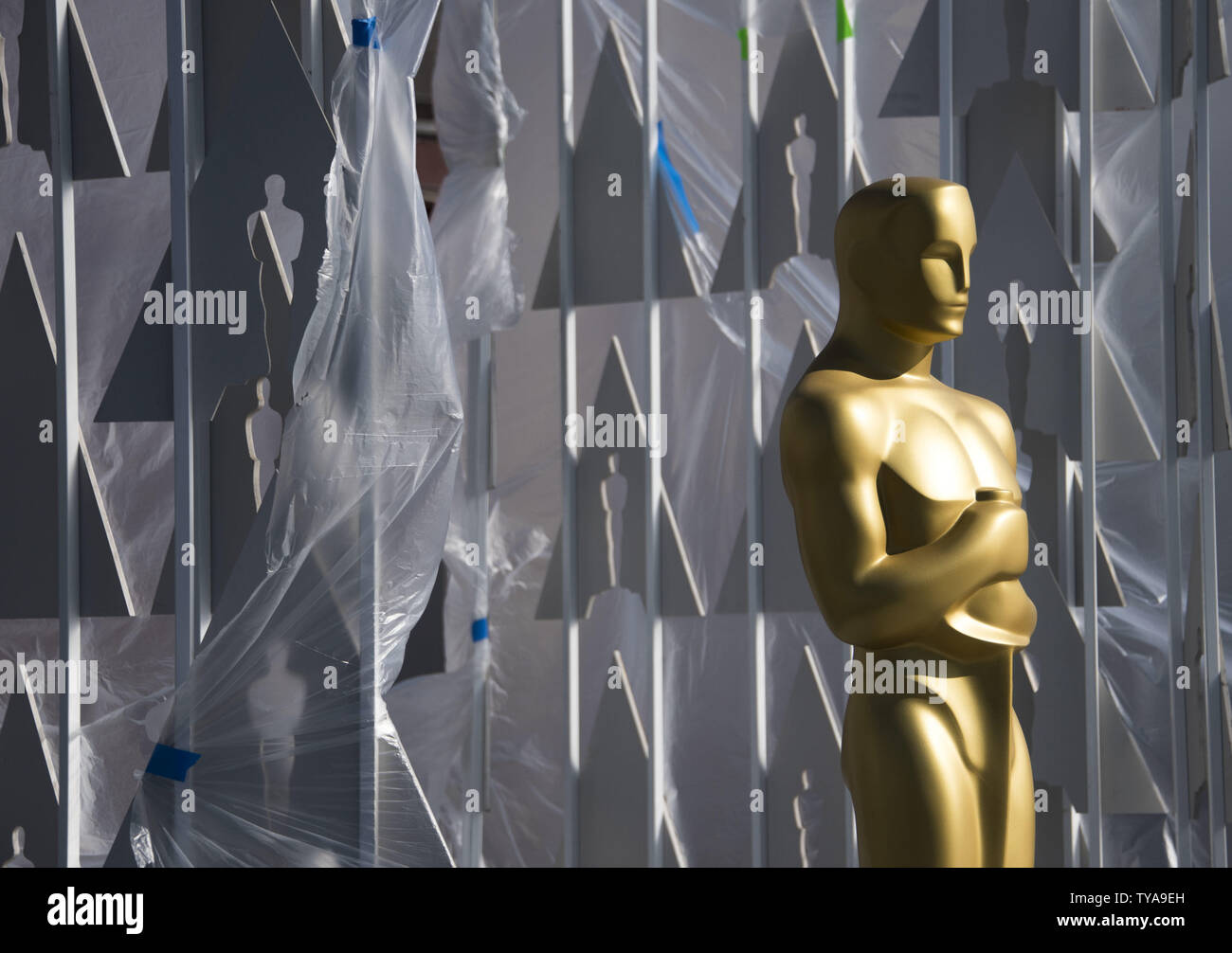 An Oscar statue is seen as preparations are underway for the 89th annual Academy Awards in the Hollywood section of Los Angeles on February 24, 2017. The 2017 Academy Awards will take place this Sunday, February 25. Photo by Kevin Dietsch/UPI Stock Photo