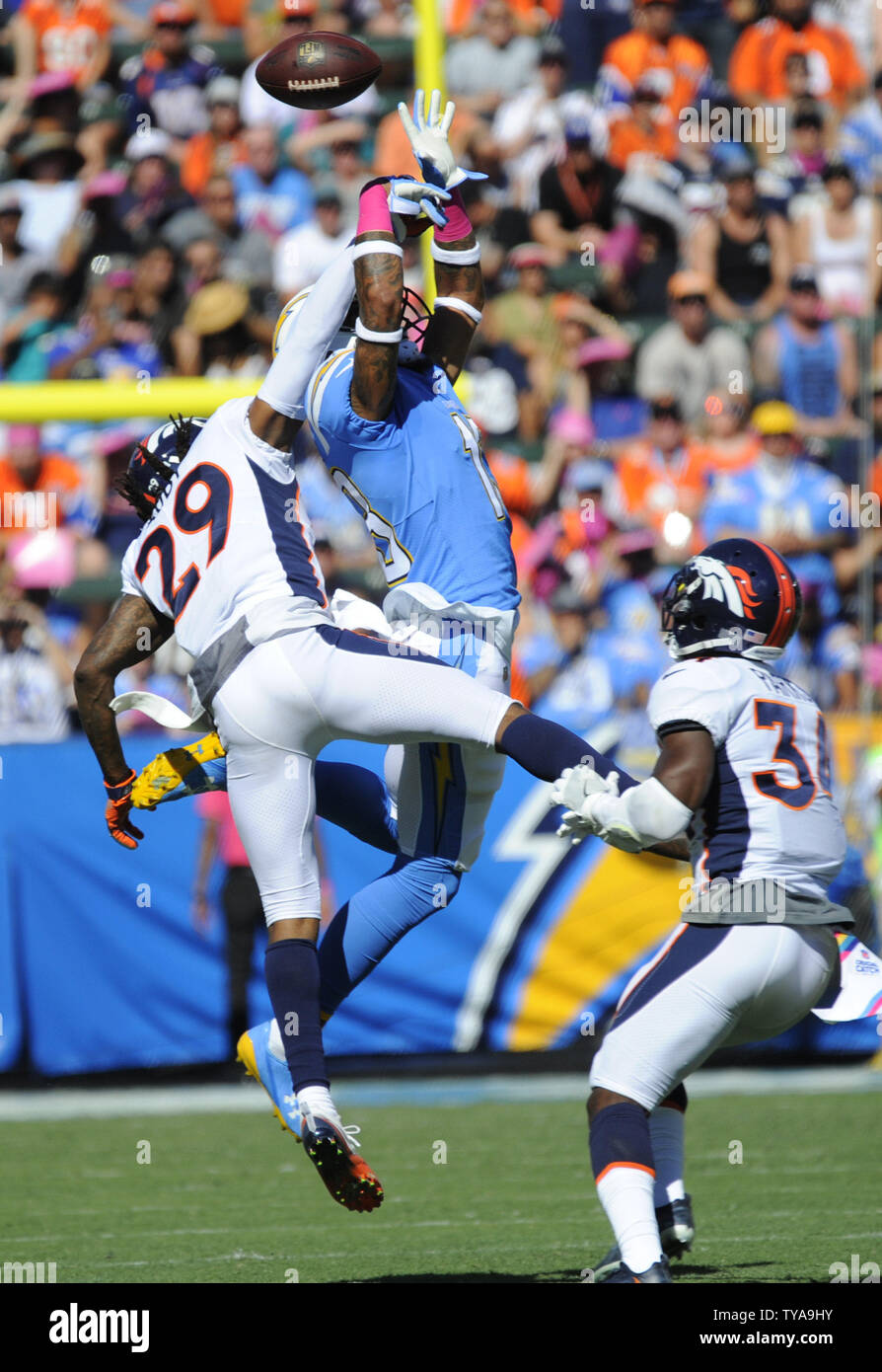 Denver Broncos Bradley Roby breaks up a pass intended for Los Angeles Chargers Keenan Allen in the first half at the StubHub Center in Carson, California on October 22, 2017. Photo by Lori Shepler/UPI Stock Photo