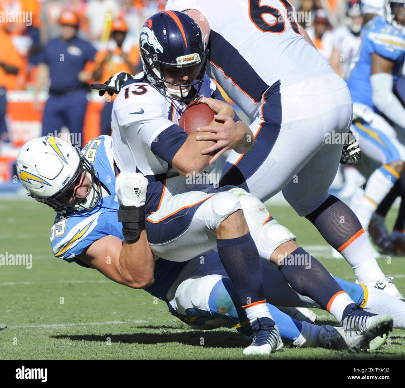 Oct 22, 2017; Carson, CA, USA; Denver Broncos quarterback Trevor Siemian  (13) throws a pass during the second half against the Los Angeles Chargers  at StubHub Center. Mandatory Credit: Orlando Ram …