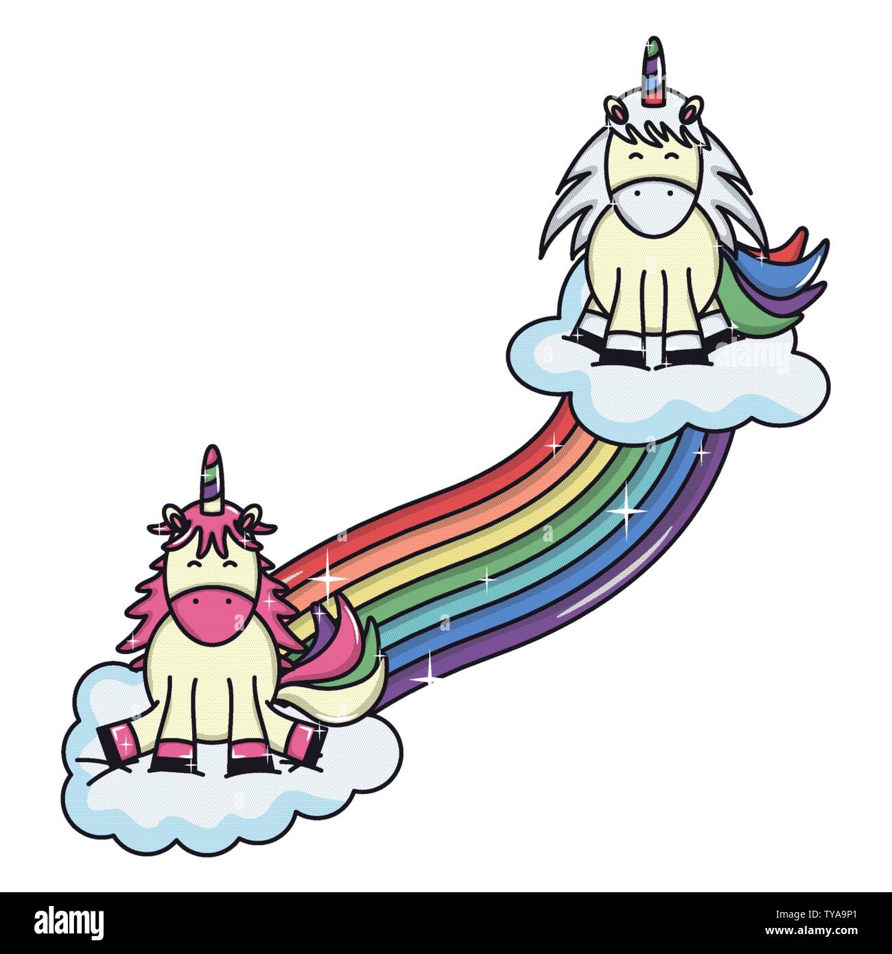 cute adorable unicorns with clouds and rainbow vector illustration ...